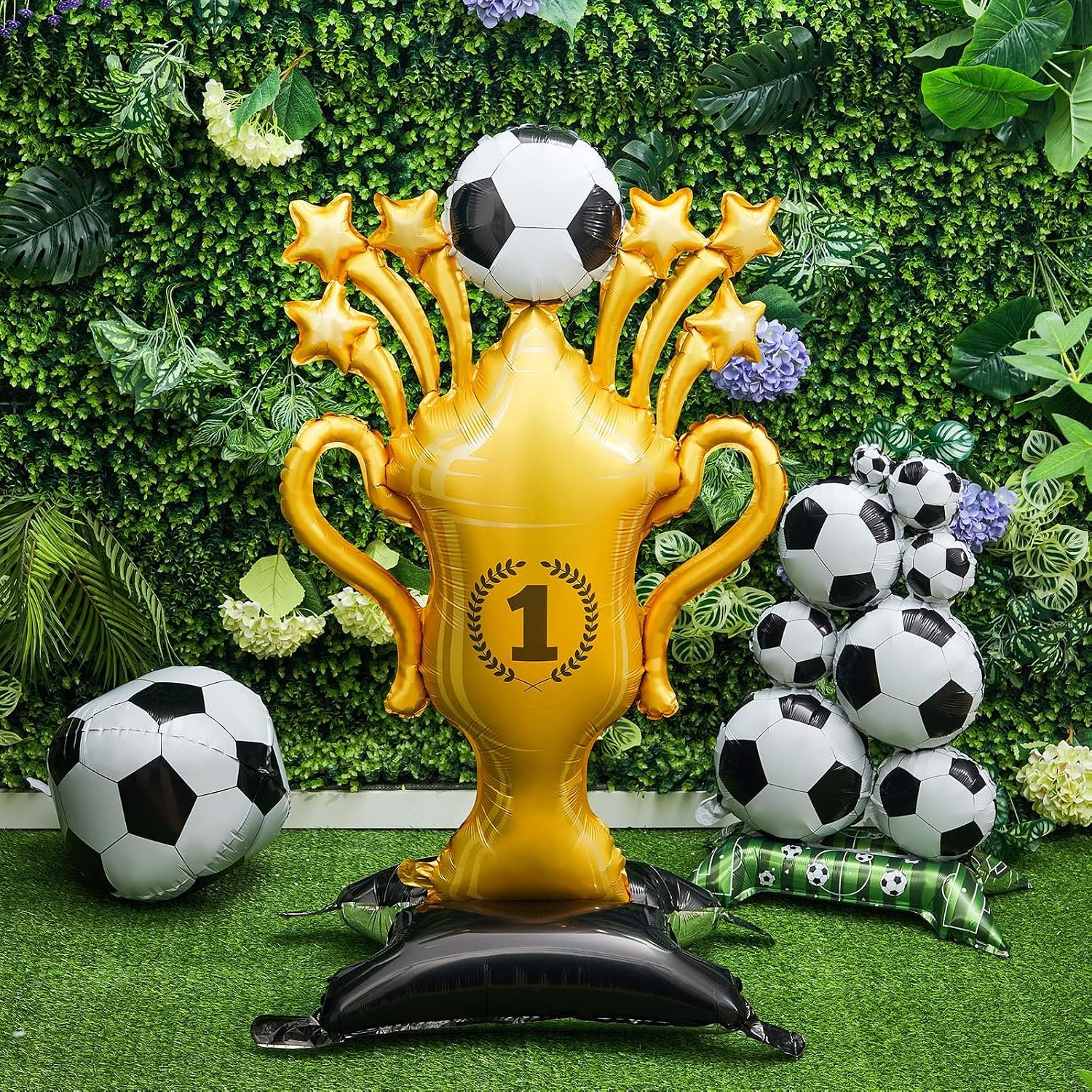 Soulchen 7 Pcs Giant Self Standing Soccer Trophy Foil Balloon Set Soccer Party Decorations Sports Birthday Themed Party Supplies for Fan