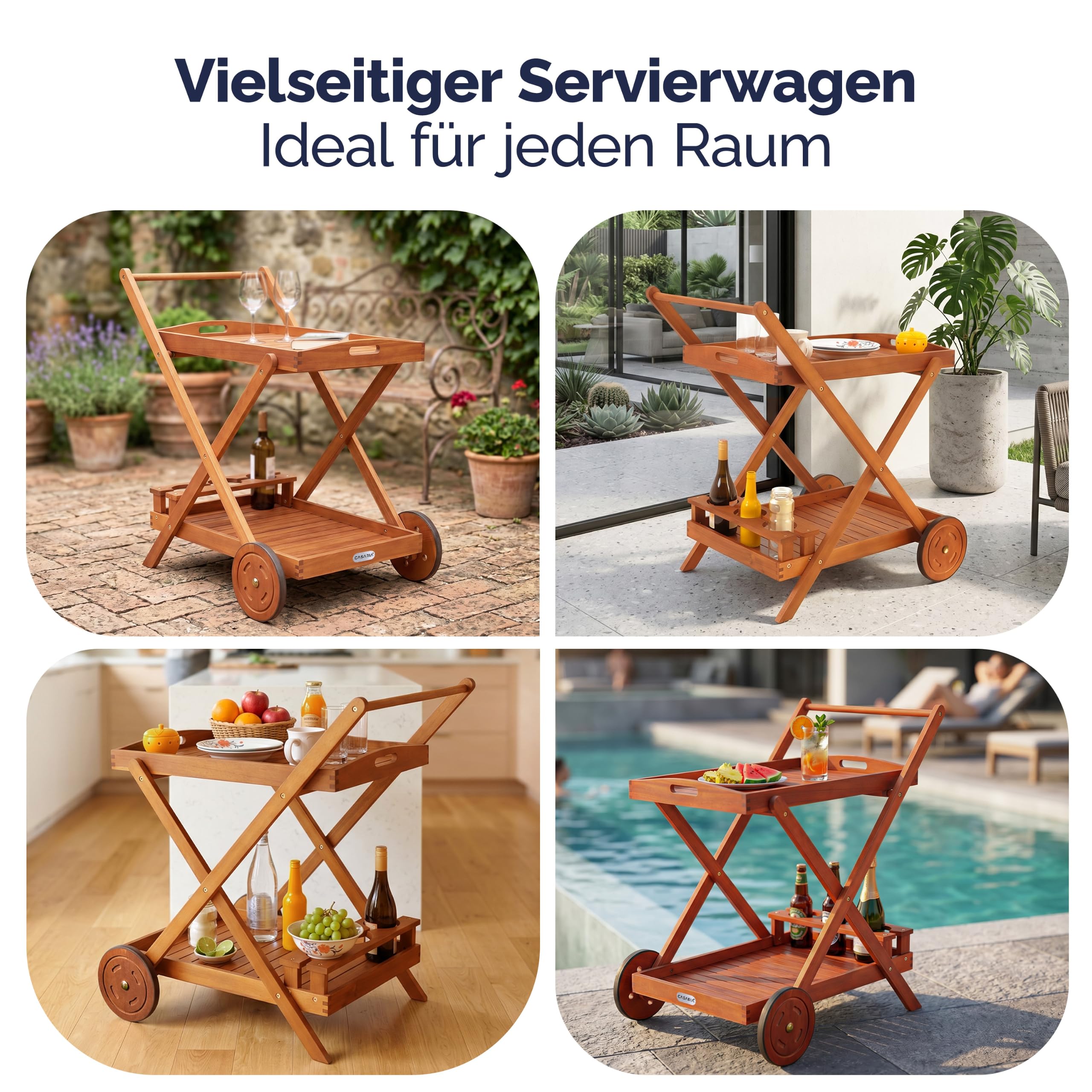 Casaria® Servierwagen mit Rollen Holz FSC®- Zertifiziert Akazie 2 Etagen Tablett 3 Flaschenhalter Outdoor Küche Garten Terrasse Küchenwagen Rollwagen