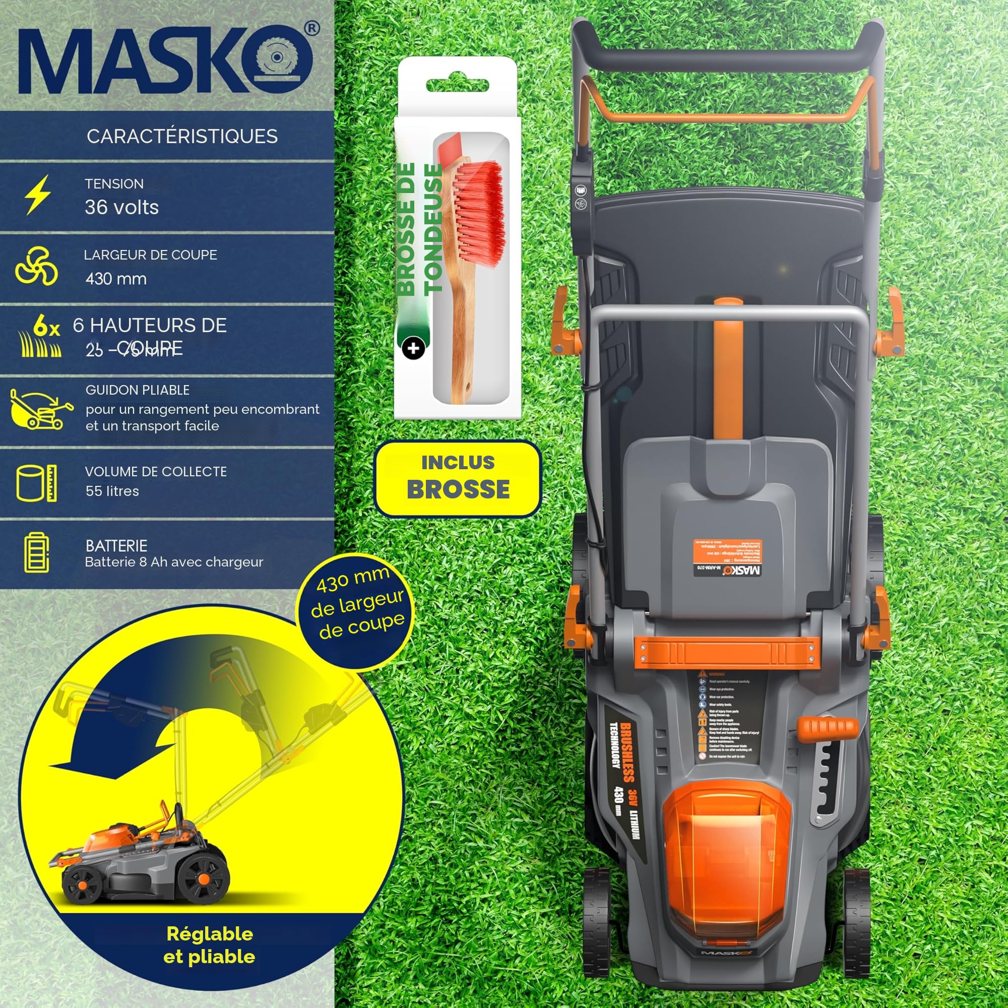 MASKO Tondeuse à Gazon Mulching 43cm 2 Batteries Double Chargeur Bac 55L 650m²