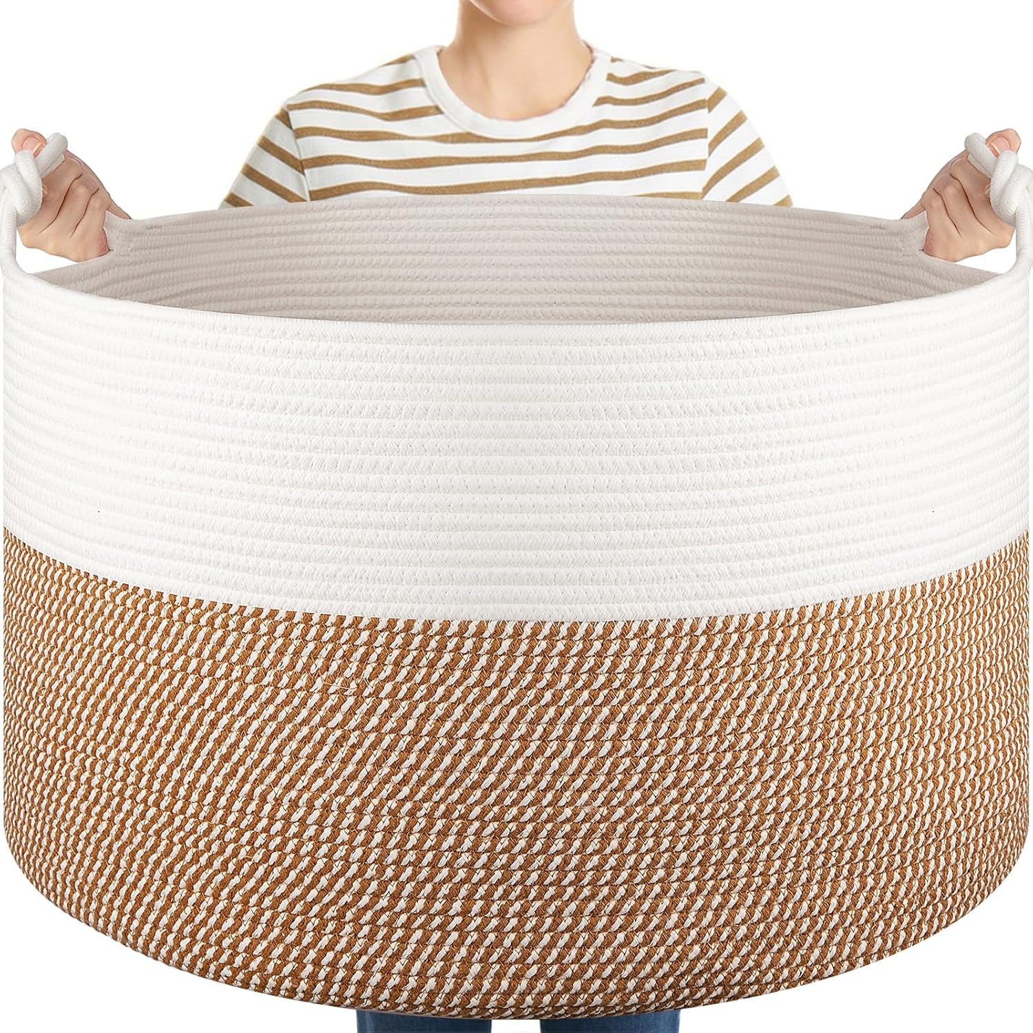 XXL Large Blanket Storage Basket for Living Room, 105L Woven Cotton Rope Basket with Handles, Baby Toy Storage, Laundry Hamper for Clothes, Pillows, Towels-Yellow and White