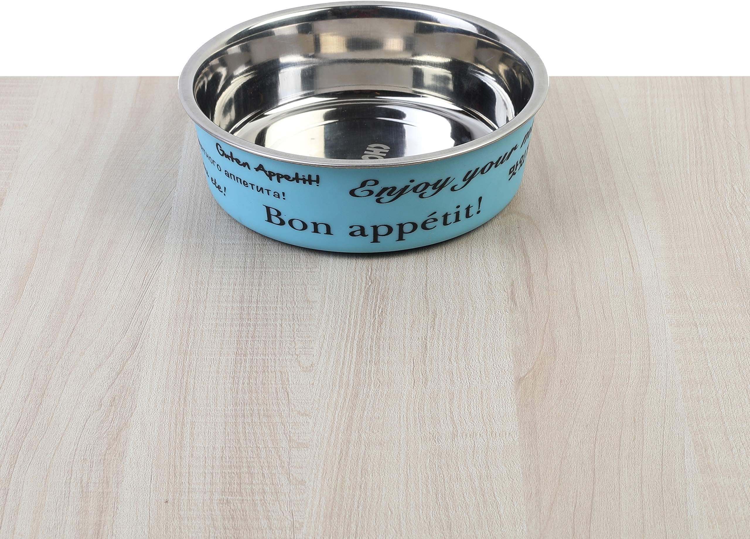 Choostix Dog & Cat Elite Standard Feeding Steel Bowl, Bon Appetit! with TPR (Thermo Plastic Rubber) Bonded Outside,Aqua Blue, Small (295ml)