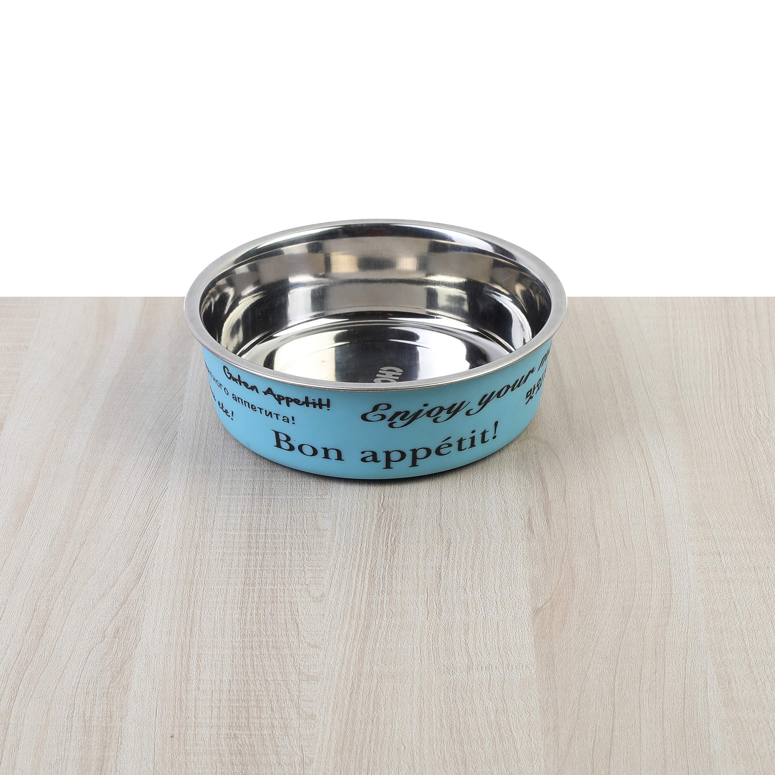 Choostix Dog & Cat Elite Standard Feeding Steel Bowl, Bon Appetit! with TPR (Thermo Plastic Rubber) Bonded Outside,Aqua Blue, Small (295ml)