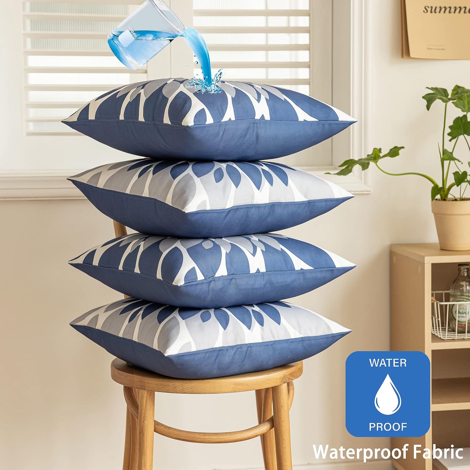 Qahing Pack of 4 Outdoor Waterproof Pillow Covers 24x24 Decorative Outdoor Throw Pillows Garden Square Cases for Patio Furniture, Couch, Tent Sunbrella, Bench, Blue Grey