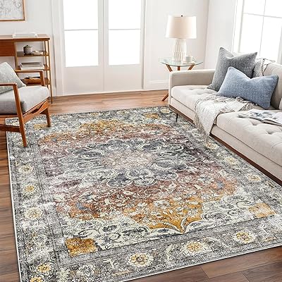 Area Rug 8x10 Washable Rug Gray Vintage Traditional Mat Distressed Indoor Foldable Thin Retro Accent Floral Non Slip Carpet Living Room Dining Room Office