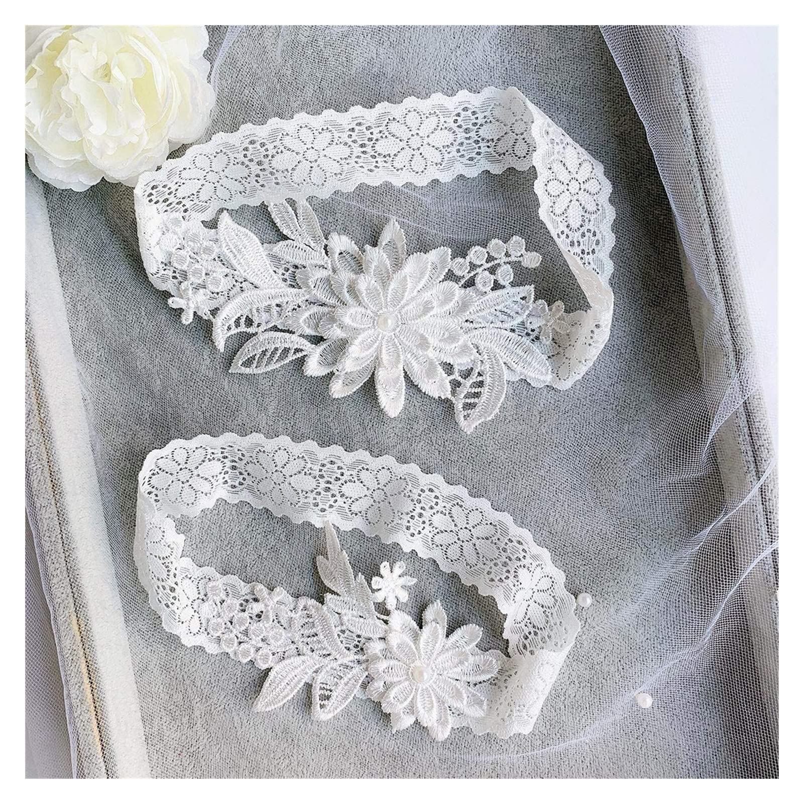 Strumpfbänder für die Hochzeit, Strumpfbänder für die Braut, Strumpfband-Set aus Spitze, floraler Beinring mit handgenähten Kunstperlen (Farbe: Milchweiß) (Himmelblau B) (Himmelblau B)