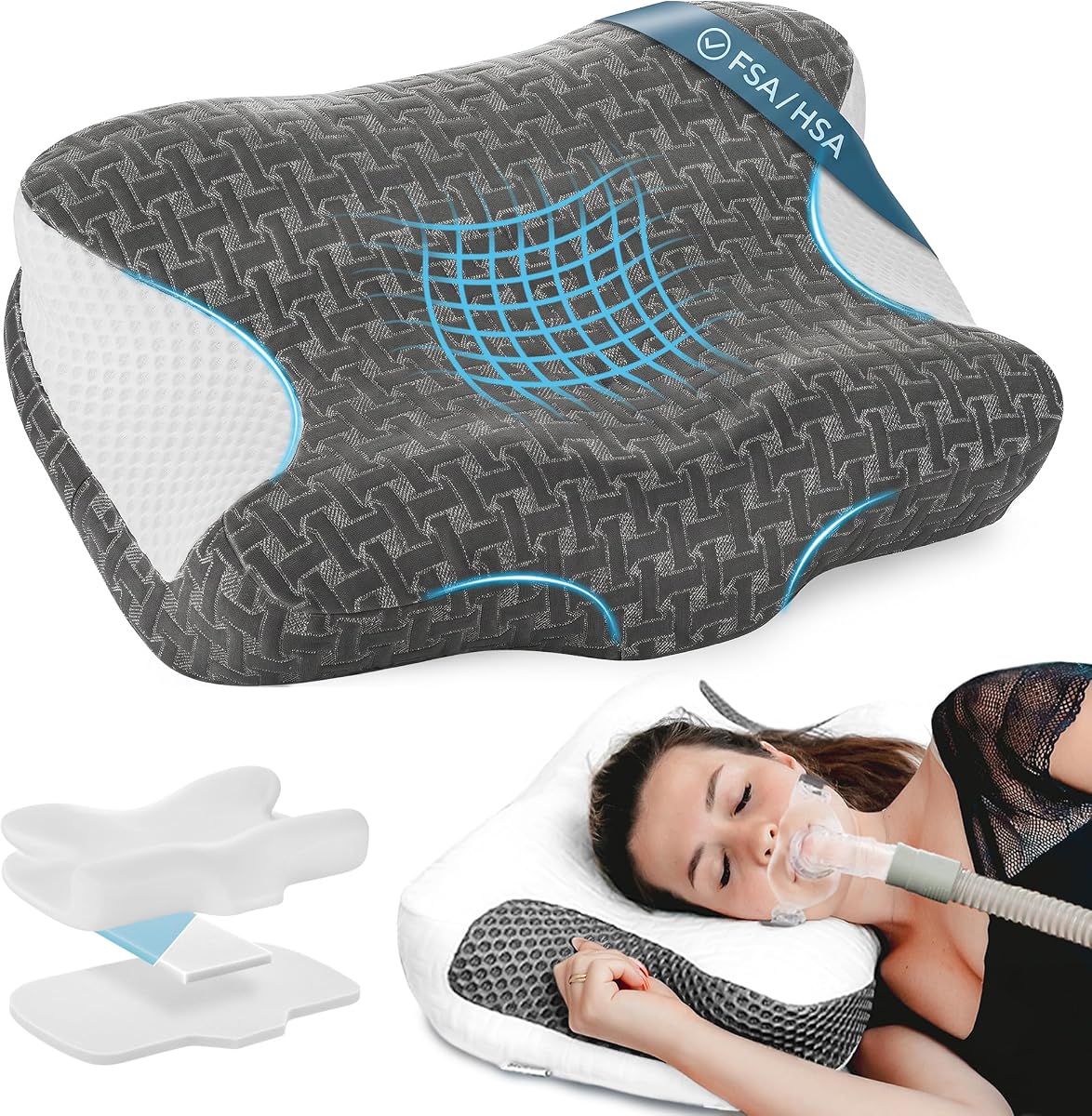 Elviros CPAP Pillow HSA/FSA for Side Back and Stomach Sleepers | Adjustable Firmness & 4 Heights, Ergonomic Memory Foam Cervical Neck Pillow for Sleep Apnea, Reduce Air Leaks & Mask Pressure