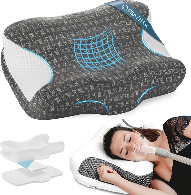 Elviros CPAP Pillow HSA/FSA for Side Back and Stomach Sleepers | Adjustable Firmness & 4 Heights, Ergonomic Memory Foam Cervical Neck Pillow for Sleep Apnea, Reduce Air Leaks & Mask Pressure