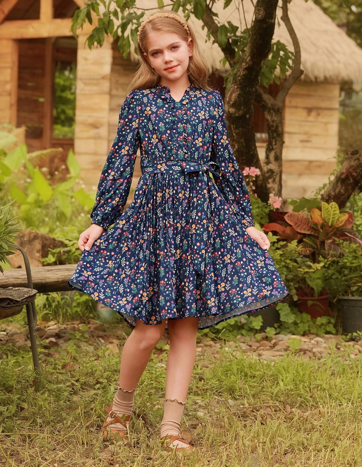 GRACE KARIN Girls Long Sleeve Fall Dress Floral Pleated Casual Holiday Party Teen Flower Dresses Size 6-14Y - Image 2