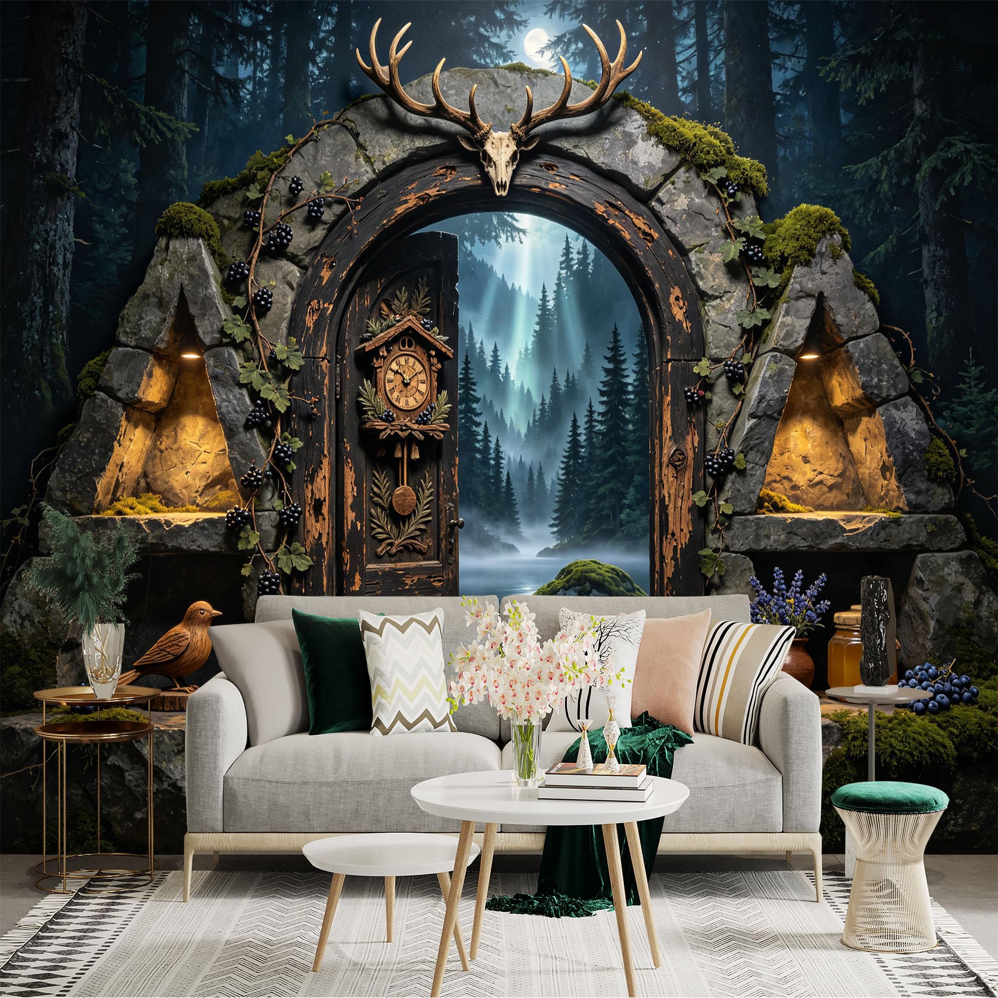 Custom Size Wall Sticker Mural， Mystic Forest Stone Arch with Lake and Moonlight， Rustic Woodland Scenery， for wall Decoration， peelandstick wall Decals.