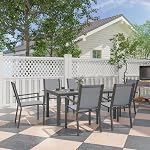 Outsunny 7 Piece Patio Dining Set, Outdoor Dining Table and 6 Stackable Chairs, Metal Patio Furniture Set with WPC Top, Breathable Mesh for Garden, Backyard, Poolside, Light Grey