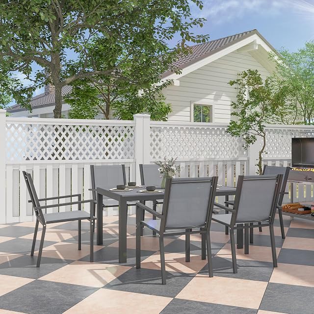 Outsunny 7 Piece Patio Dining Set, Outdoor Dining Table and 6 Stackable Chairs, Metal Patio Furniture Set with WPC Top, Breathable Mesh for Garden, Backyard, Poolside, Light Grey