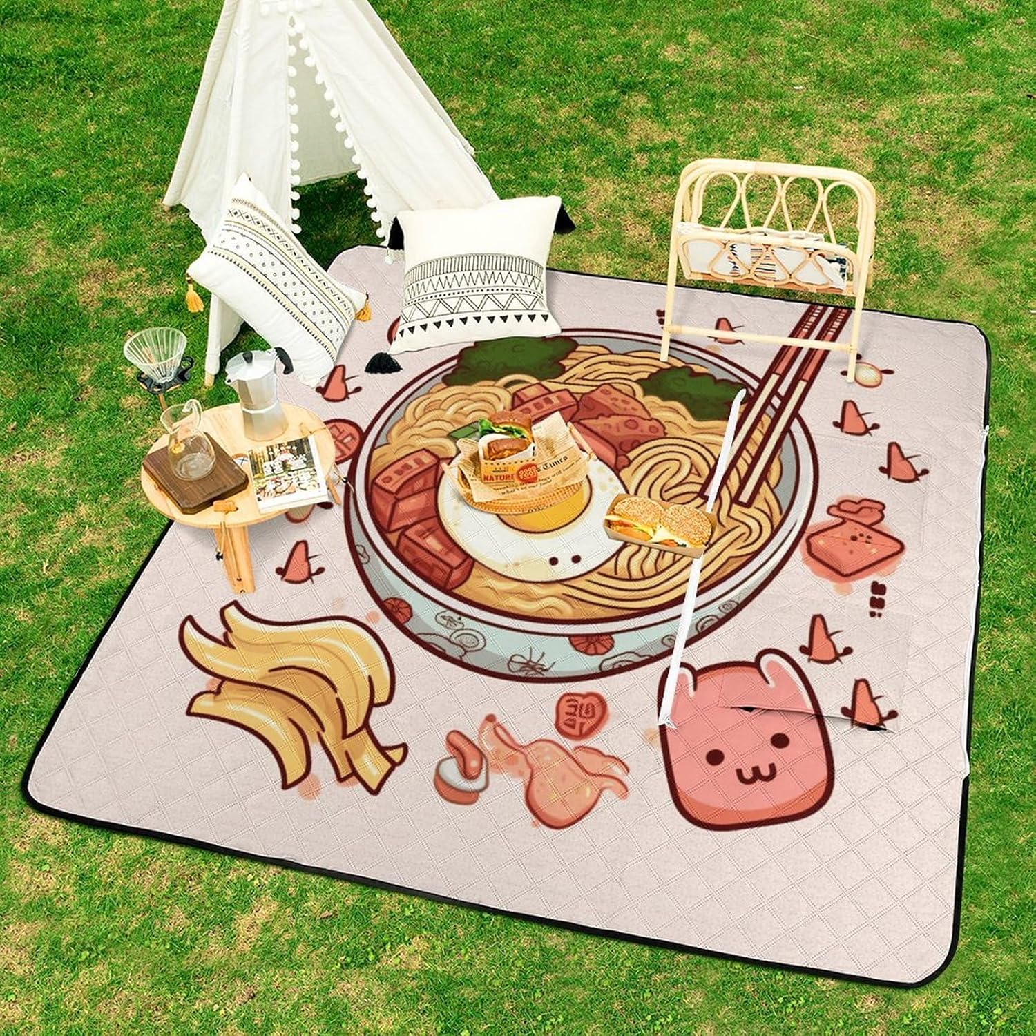 Delicious Sweet Ramen Picnic Blanket with Zipper Water Resistant Sand Free Picnic Mat Washable Foldable Easy Carry Beach Blanket for Lawn Beach Hiking Camping