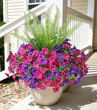 INSPRING Artificial Flowers for Outdoors, 12 Bunches UV Resistant Silk Fake Plants with Fern, Faux Morning Glory for Home Patio Garden Yard Porch Decor 2 Multicolor