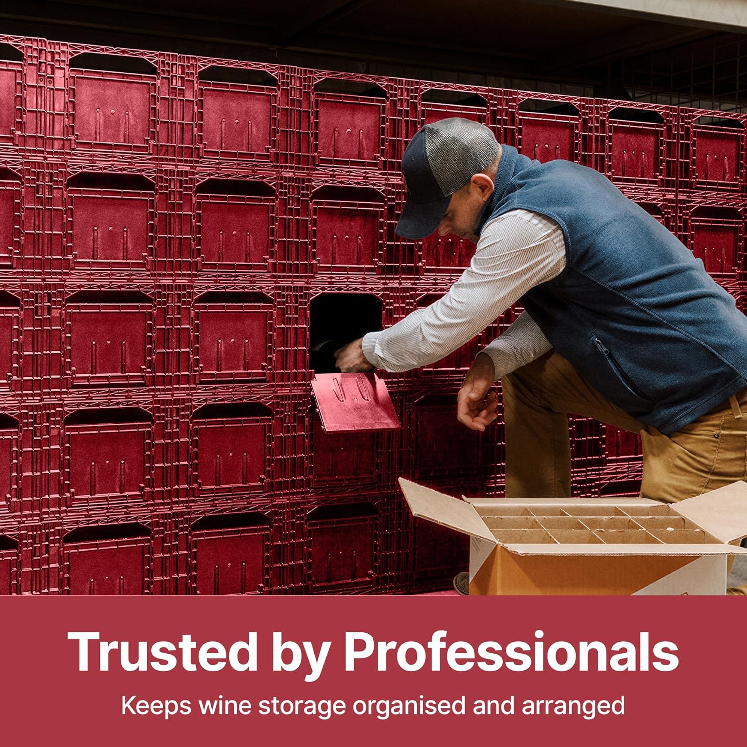 Stackable Wine Storage Crates Modular System, 12 Bottle Capacity per Crate, Dual Access Horizontal Wine Rack Organizer | Recycled Plastic for Cabinet, Cellar & Home Bar, Set of 6