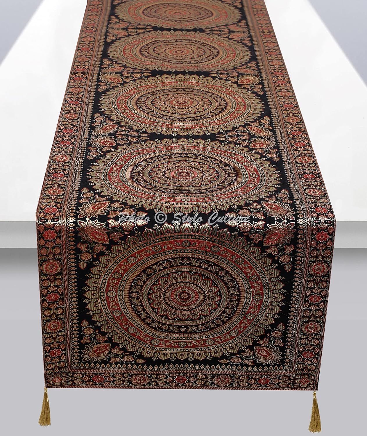 Decorative Ethnic Dining Table Runner Black Gold Large Living Room Wedding Decor Round Mandala 68 Inch Long Brocade Jacquard Tassel Work Table Cloth Rectangle (68 x 16 Inch)