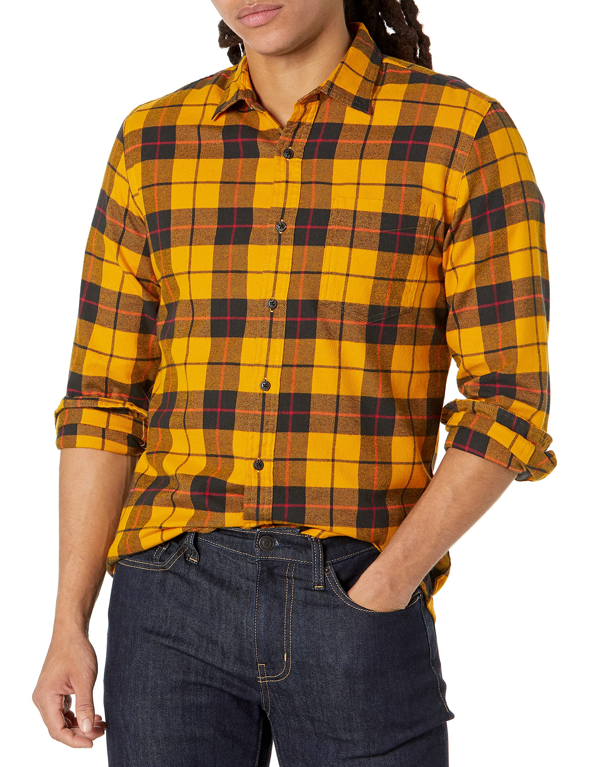 Amazon EssentialsMen's Slim-Fit Long-Sleeve Flannel Shirt, Yellow, Plaid, XX-Large