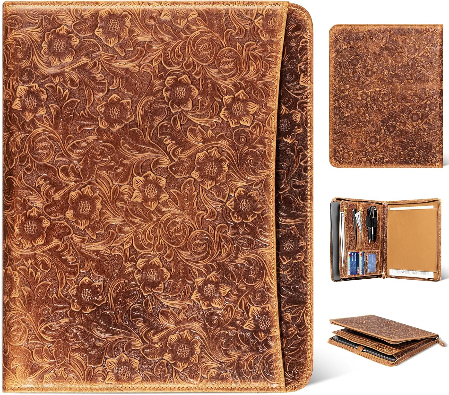 Gexmil Leather Portfolio Organizer for Women Men, Business Padfolio Folder with Zipper, Full Grain Leather,Interview Legal Document File Resume Organizer, A4 Writing Notepad Padfolio, Floral Brown