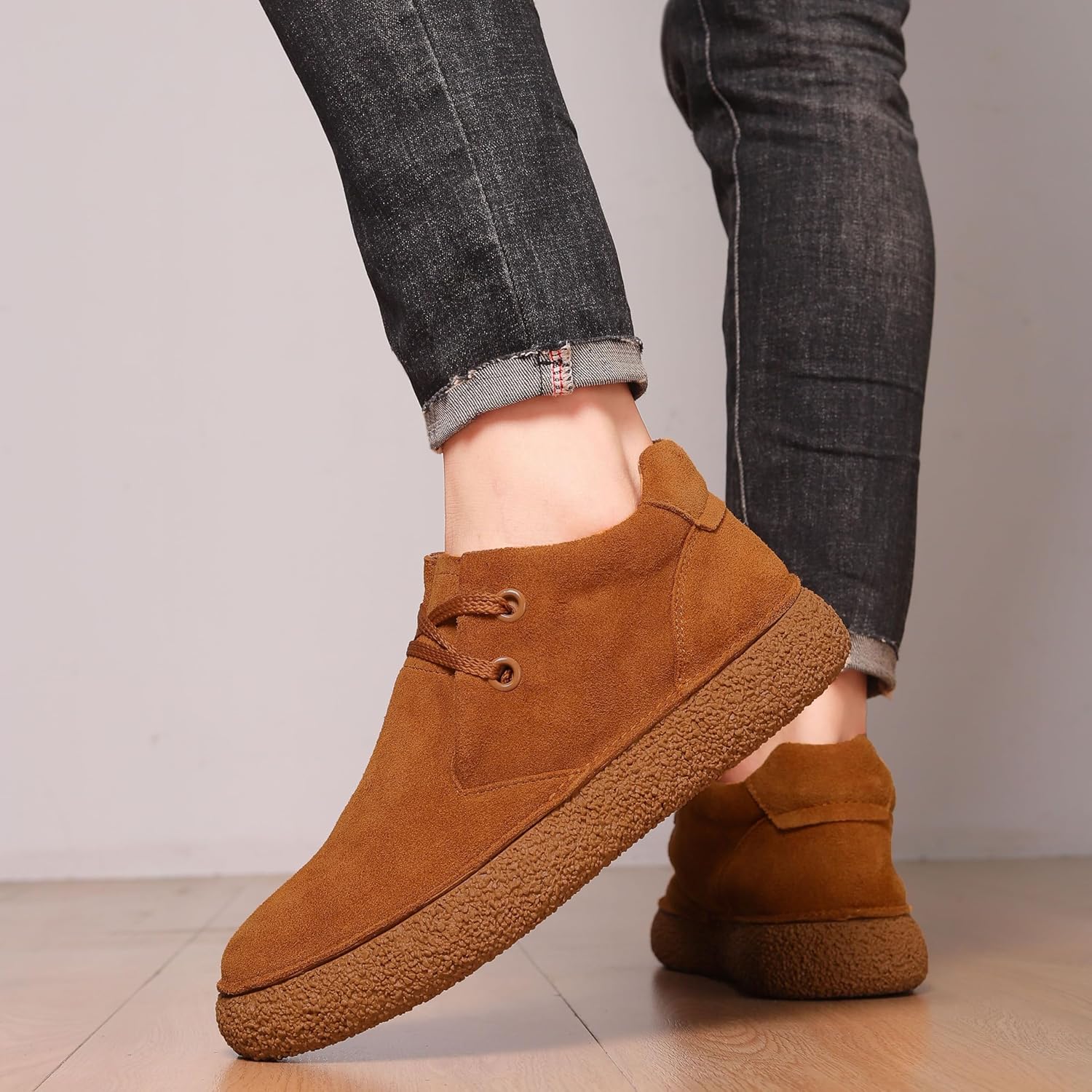 JIONS Mens Ankle Desert Chukka Boots Lace Up Suede Leather Shoes Round Toe Platform Deck Boots