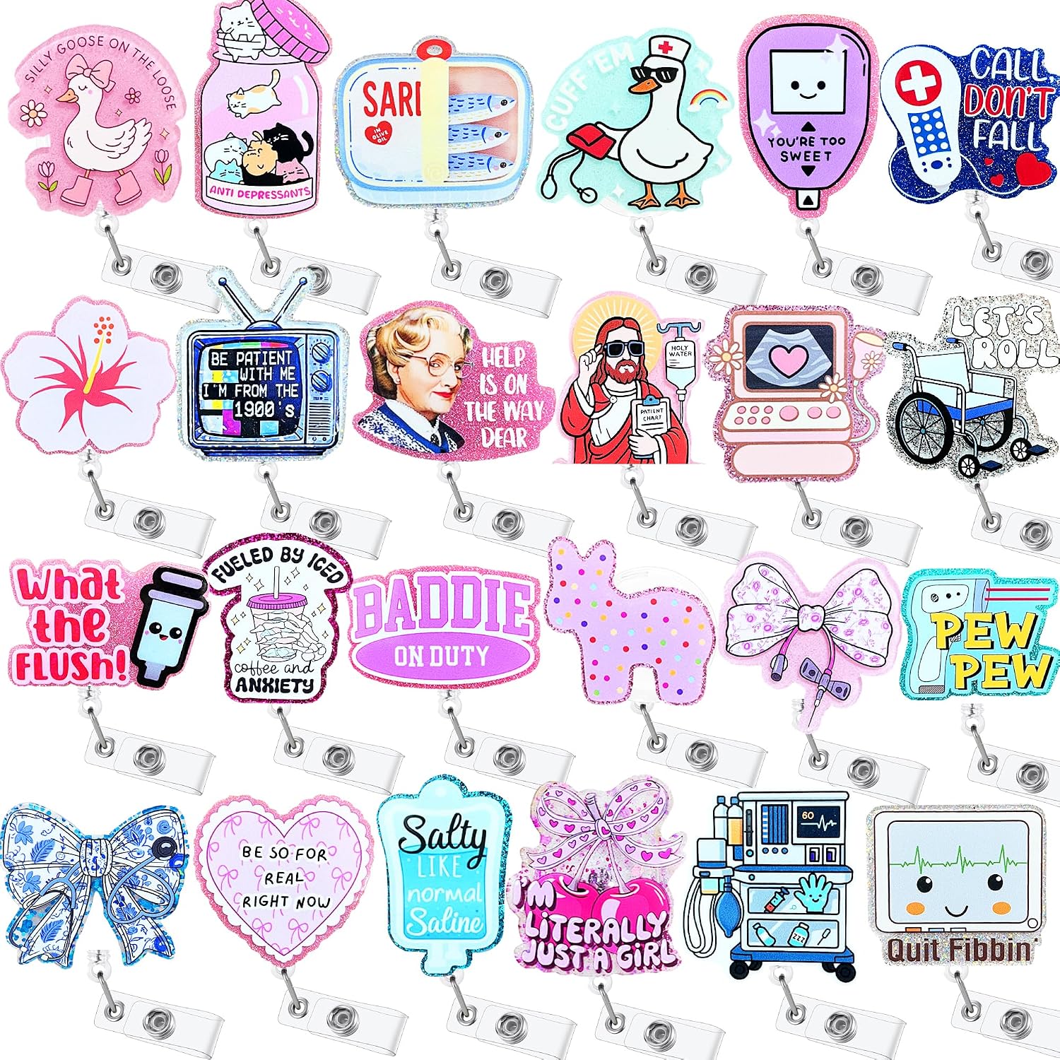 24 PCS Medical Badge Reel Bulk Funny Retractable Badge Holders for RN CNA ER PCT MA Pediatric Nursing Students ID Badge Clips Accessories Girly Nurse Week Appreciation Gifts for Coworkers