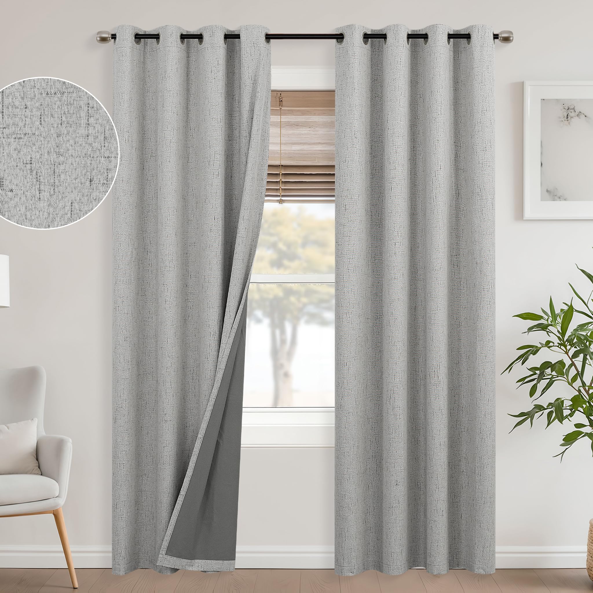 Mrs.Naturall 52x84 Inch Length Light Grey Grommet Linen Blackout Curtains