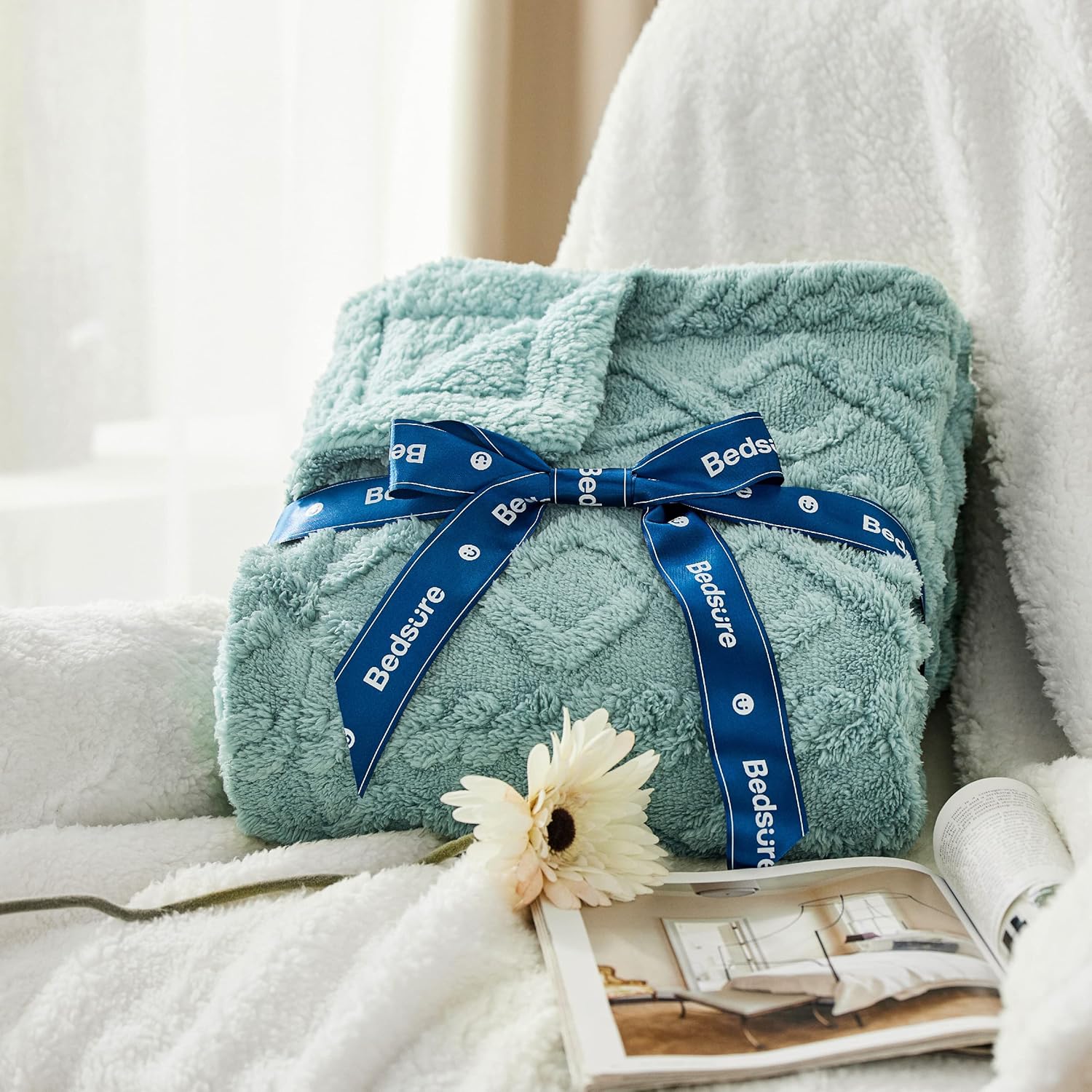 Bedsure Gentlesoft Sherpa Fleece Throw Blanket for Couch - Fluffy & Cozy Cable Jacquard Tufted Throw for Women Gift, Thick and Warm Christmas Blanket for Winter, Sage Green, 50x60 Inches - Image 5