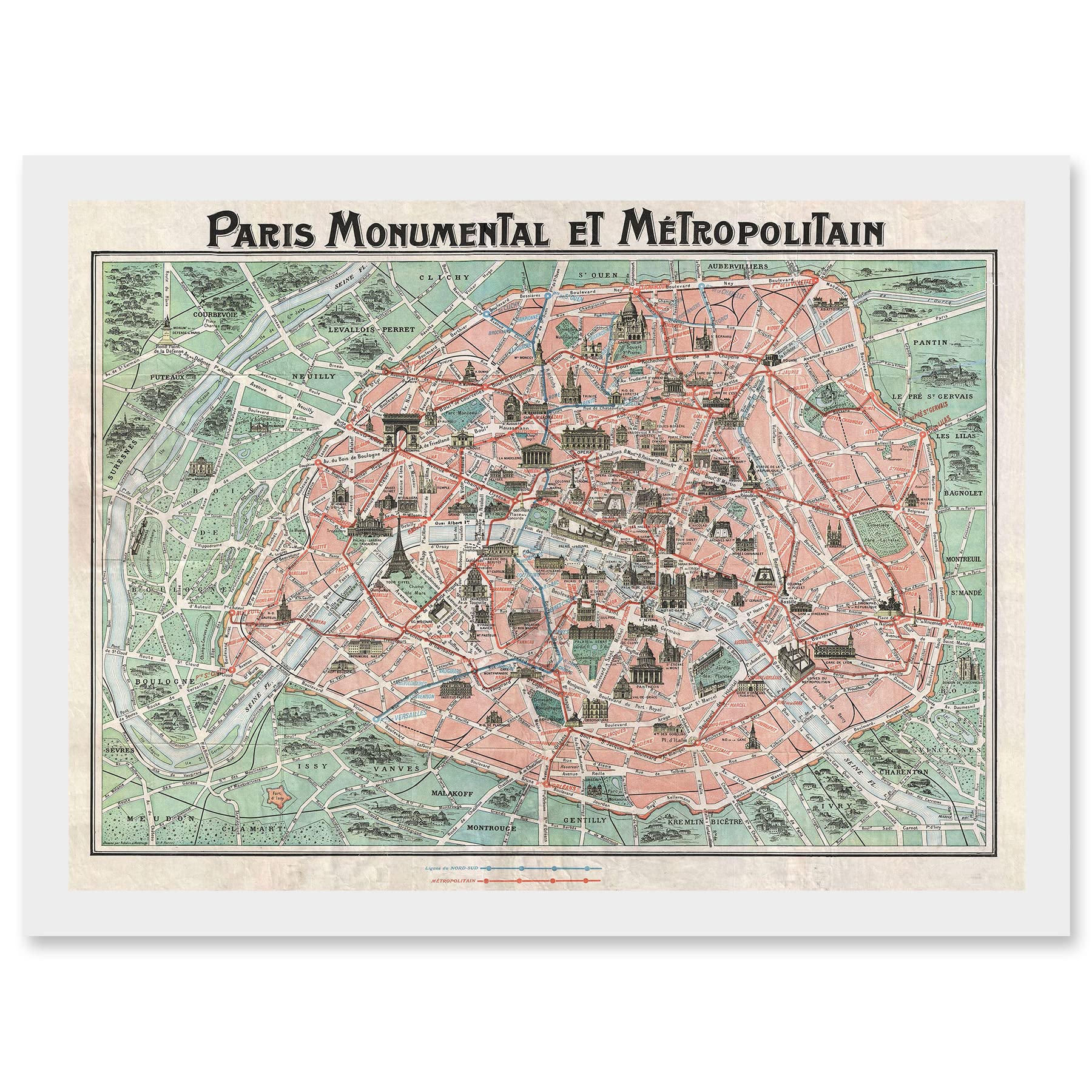 Wee Blue Coo Robelin Paris Metropolitan Monument Map France Artwork Framed Wall Art Print A4