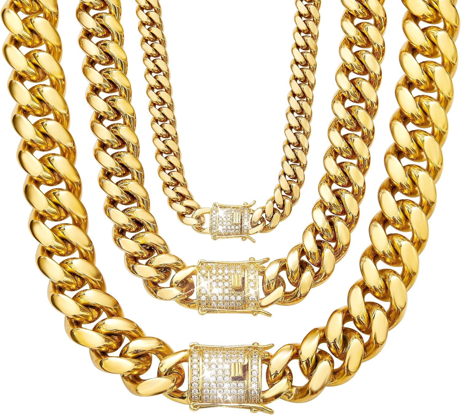 Cuban Link Chain Necklace or Bracelet with Bling Bling Cubic Zirconia Iced-Out Clasp for Men 8mm/10mm/12mm/14mm/18mm 18K Gold Stainless Steel Hip Hop Miami Curb Chains 8-30 inch