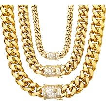 Cuban Link Chain Necklace or Bracelet with Bling Bling Cubic Zirconia Iced-Out Clasp for Men 8mm/10mm/12mm/14mm/18mm 18K Gold Stainless Steel Hip Hop Miami Curb Chains 8-30 inch