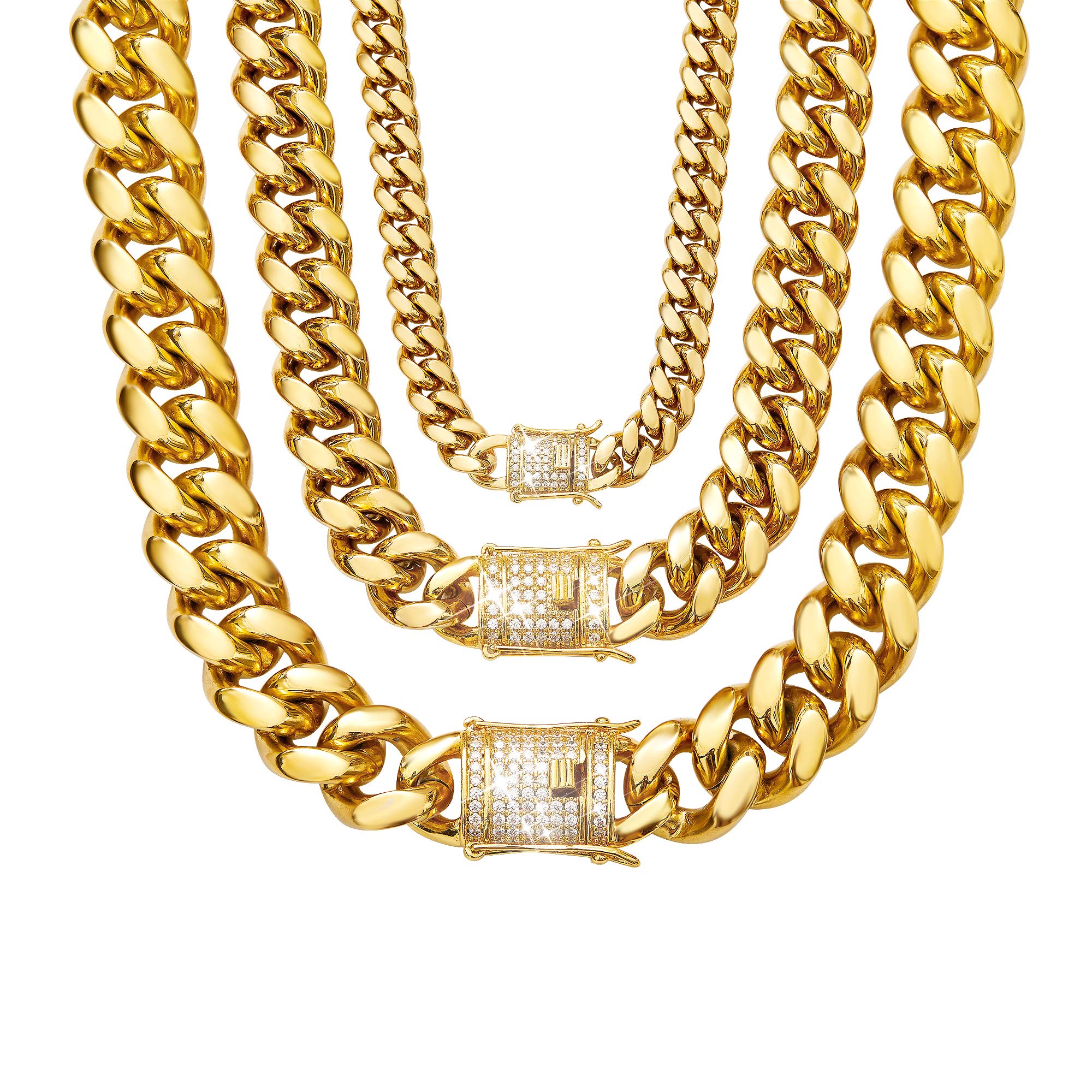 WinTrend Cuban Link Chain Necklace or Bracelet with Bling Bling Cubic Zirconia Iced-Out Clasp for Men 8mm/10mm/12mm/14mm/18mm 18K Gold Stainless Steel Hip Hop Miami Curb Chains 8-30 inch