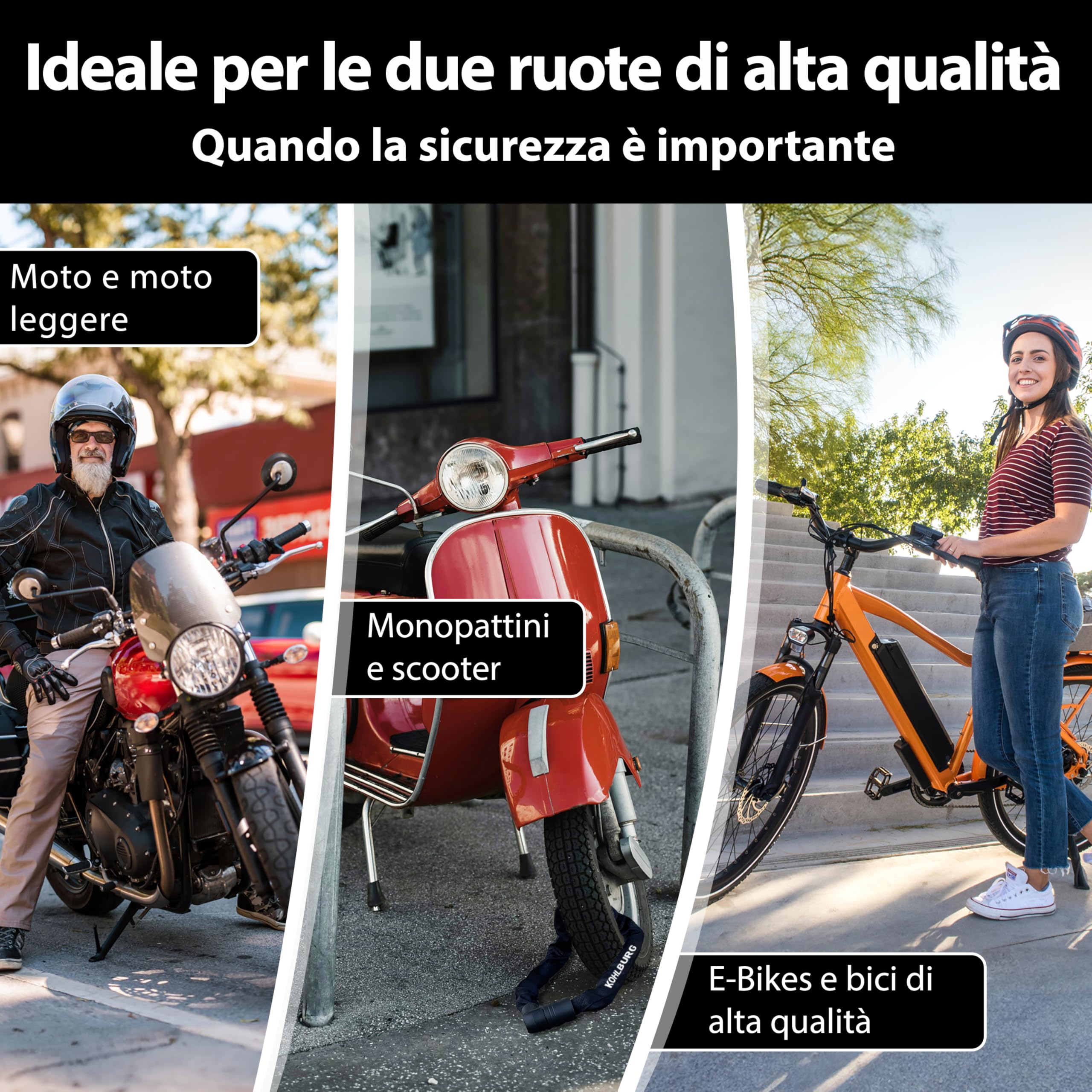 KOHLBURG Antifurto a catena ultraresistente 125 cm [Resiste ai tagliabulloni] – Livello di sicurezza massimo 15 – Per moto, scooter, bici elettrica & bicicletta – Antifurto ad alta sicurezza