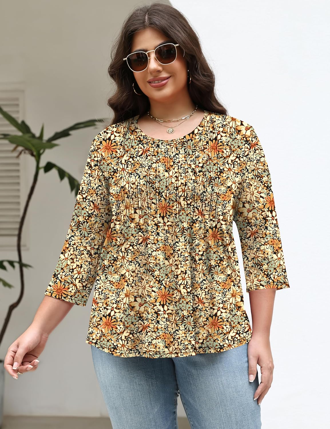 TFSDOD Womens Plus Size Tops 3/4 Length Sleeve Womens Tops Crewneck Pleated Boho Tunic Casual Shirts XL-5X - Image 2