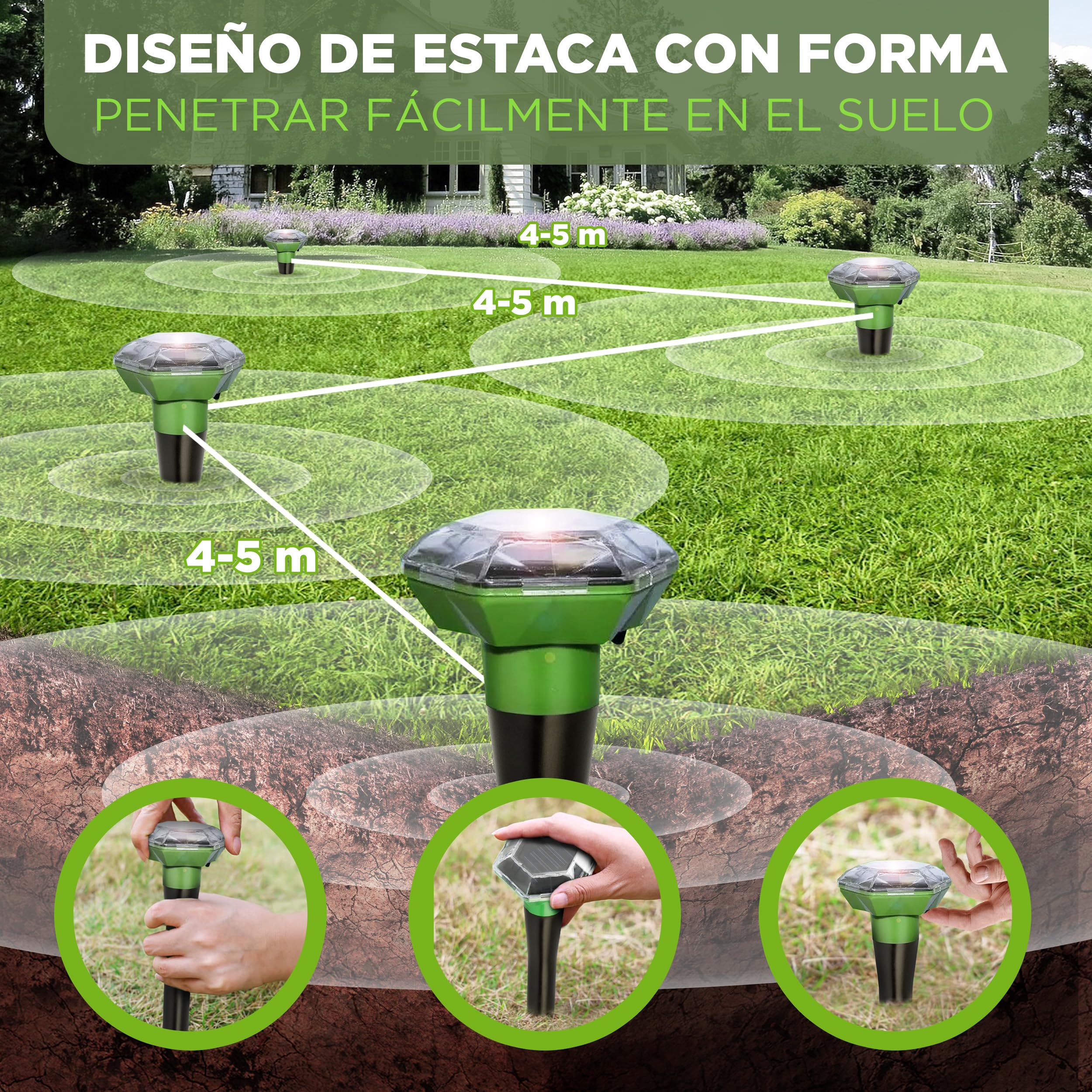 ISOTRONIC Repelente para Topos, topillos y Serpientes: Repelente Solar con estaca para jardín con Alcance Efectivo de 1000 m² (3 Unidades).
