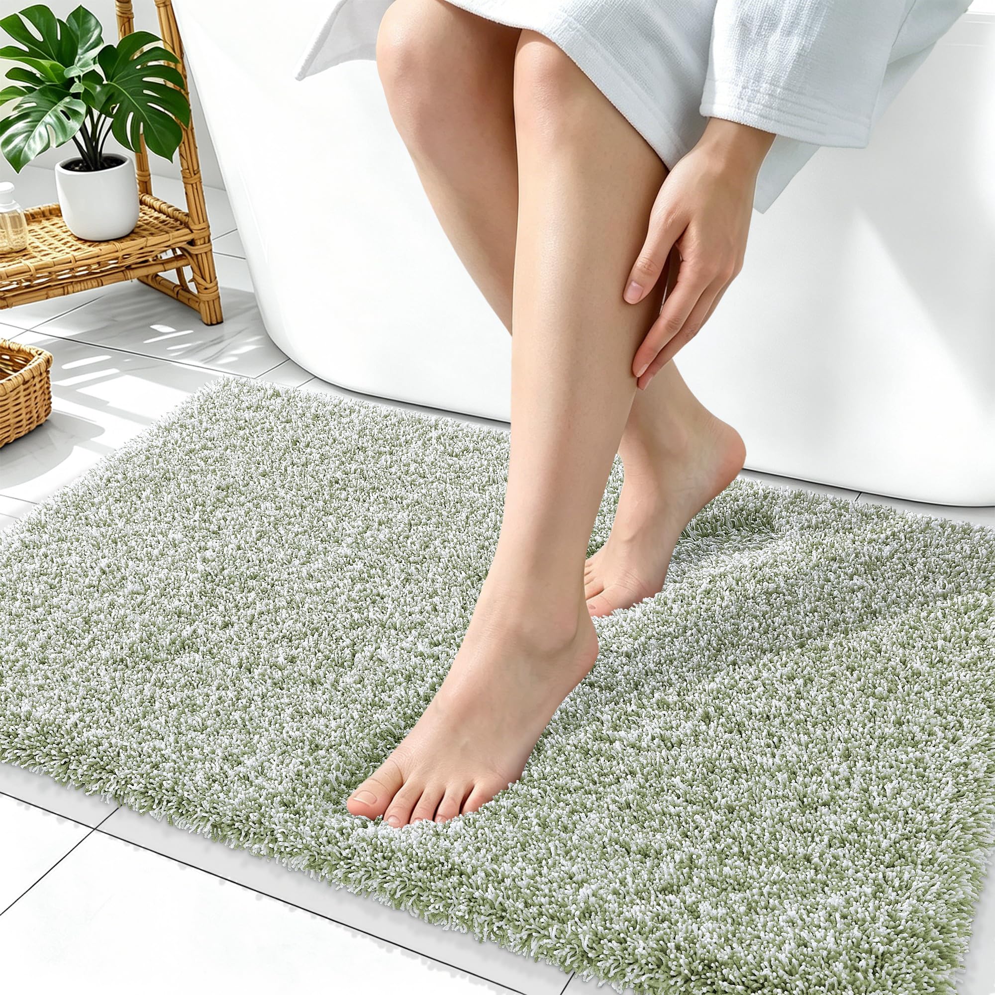 OLANLY Microfiber Bathroom Rugs 36x24, Quick Dry Mat, Sage Green and White