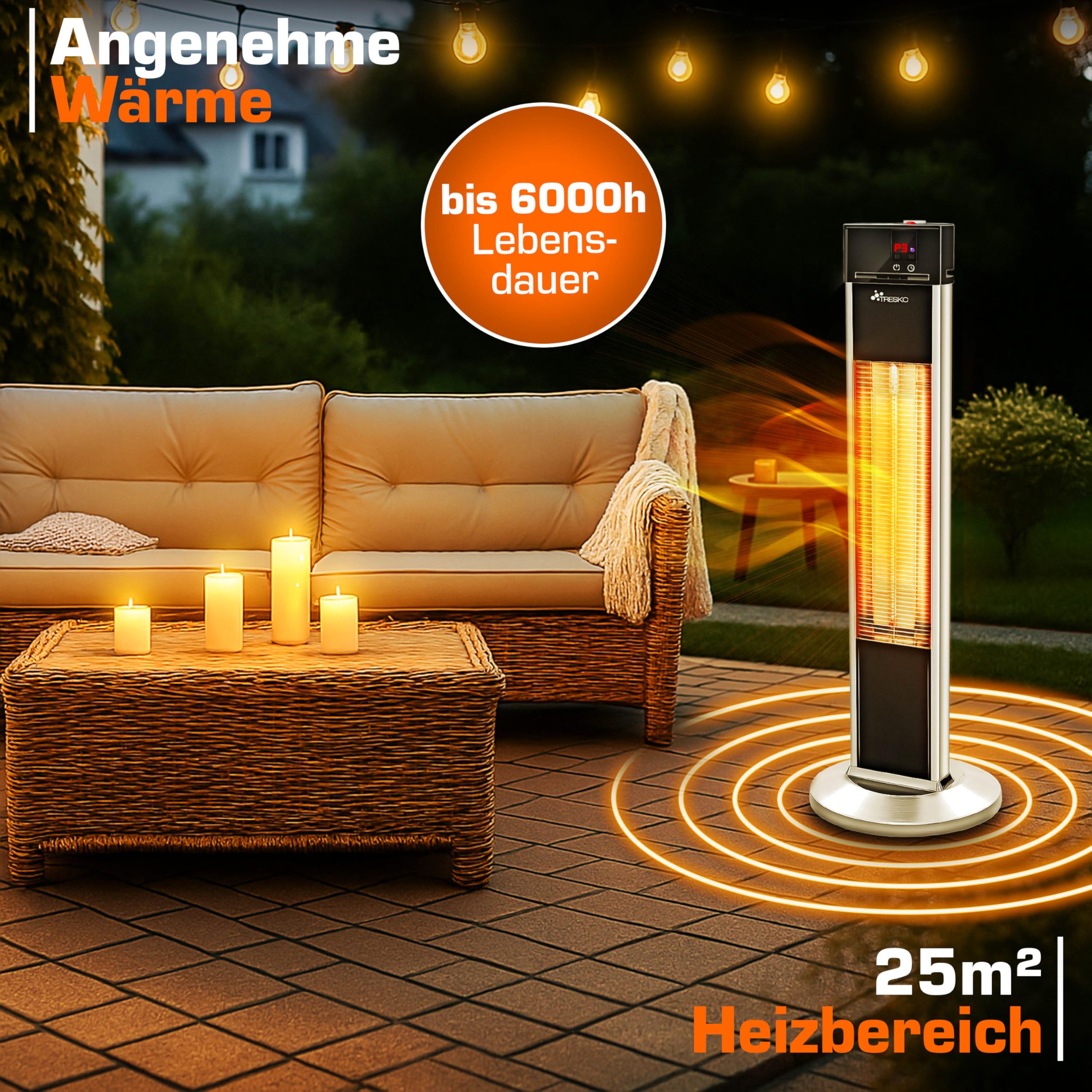 TRESKO Infrarot Stand-Heizstrahler 2000W mit Fernbedienung | Wärmestrahler Terrasse elektrisch mit 3 Heizstufen | Terrassenstrahler Innen & Außen | Infrarotstrahler mit LED-Anzeige