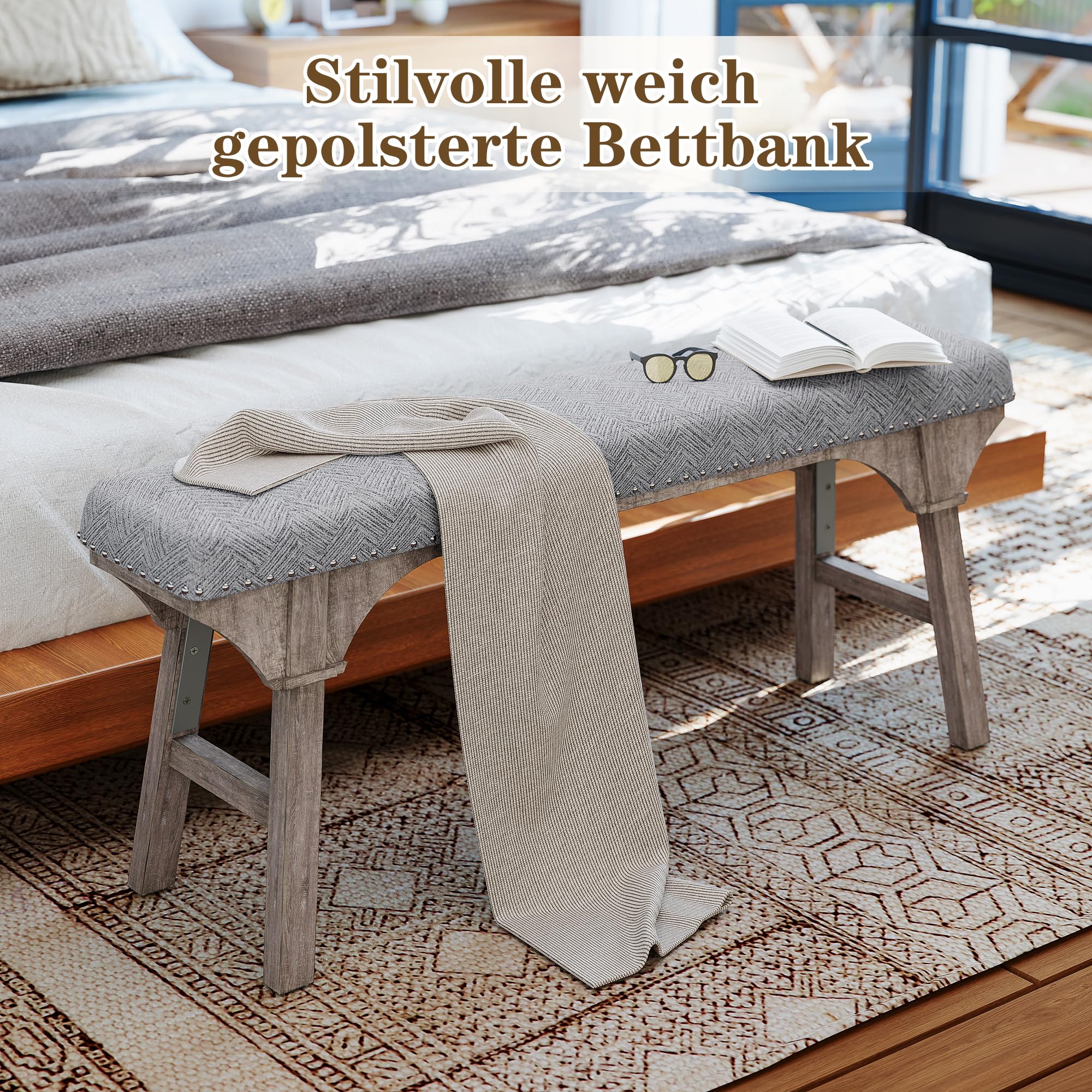 HOLTICO Sitzbank Esszimmer, Gepolsterte Bettbank, Schlafzimmerbank mit Vintage-Leinenstruktur und Massivholzbeinen, Polsterbank, Garderobenbank für Wohnzimmer, Flur, Grau