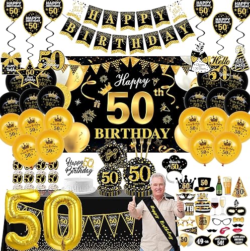 GREPARPY Happy 50th Birthday Decorations For Men - Black & Gold Fifty Birthday Party Supplies, Backdrop, Banner, Swirl, Photo Prop, Crown, Plate,
