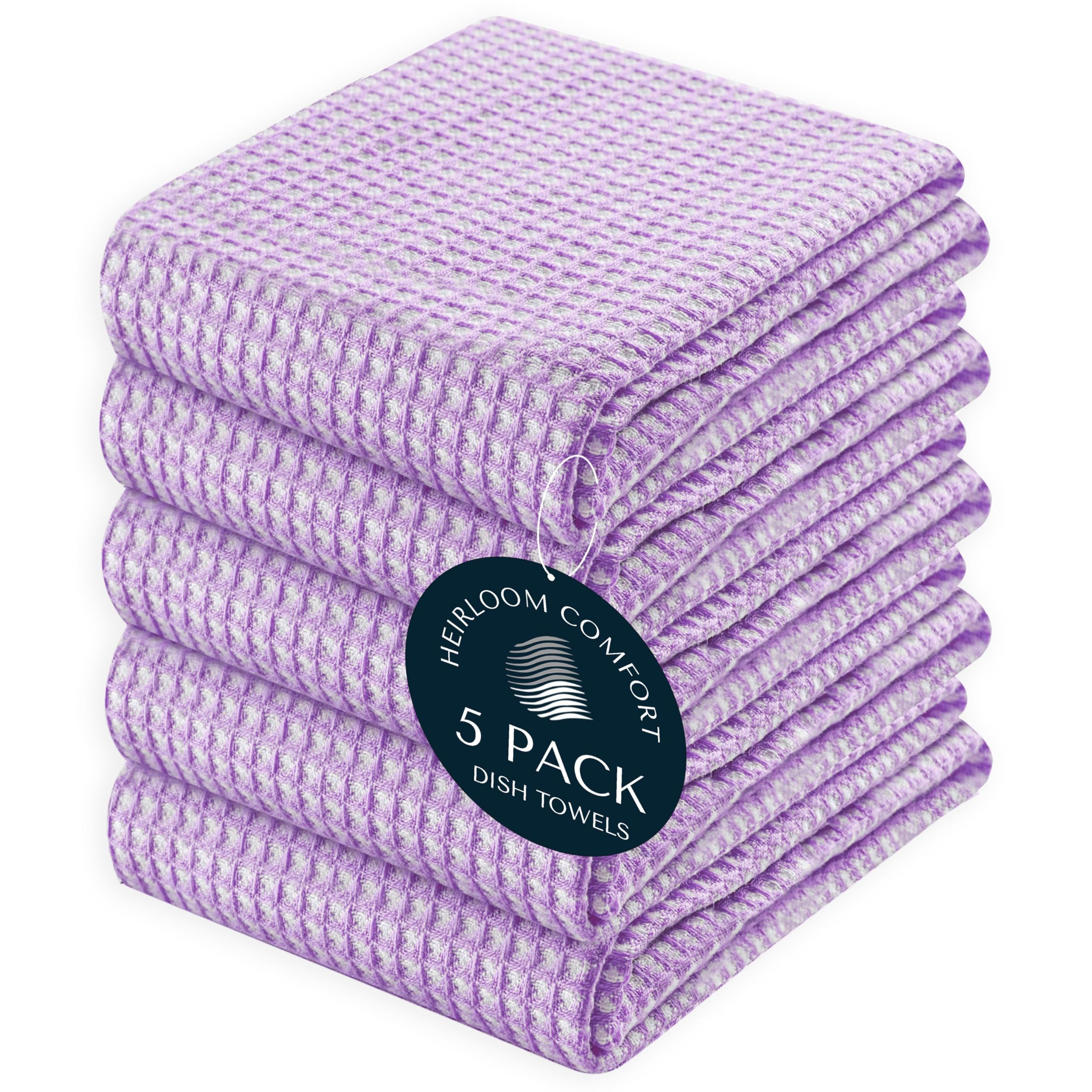 HEIRLOOM COMFORT 5 Pack Dual Tone Waffle Weave Kitchen Towels, 40x66 cm, 100% Cotton, Reversible, Super Absorbent, Quick Dry, Durable Dishcloth Set, Soft Hand Towels for Cleaning, Lavender