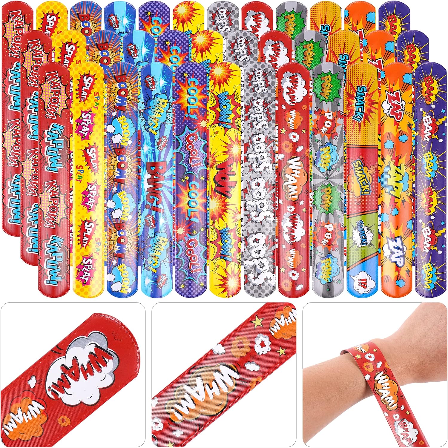 Kolewo4ever 144 Pieces Hero Slap Bracelet Heroic Charm Text Wristbands Birthday Gifts for Hero Theme Party Supplies