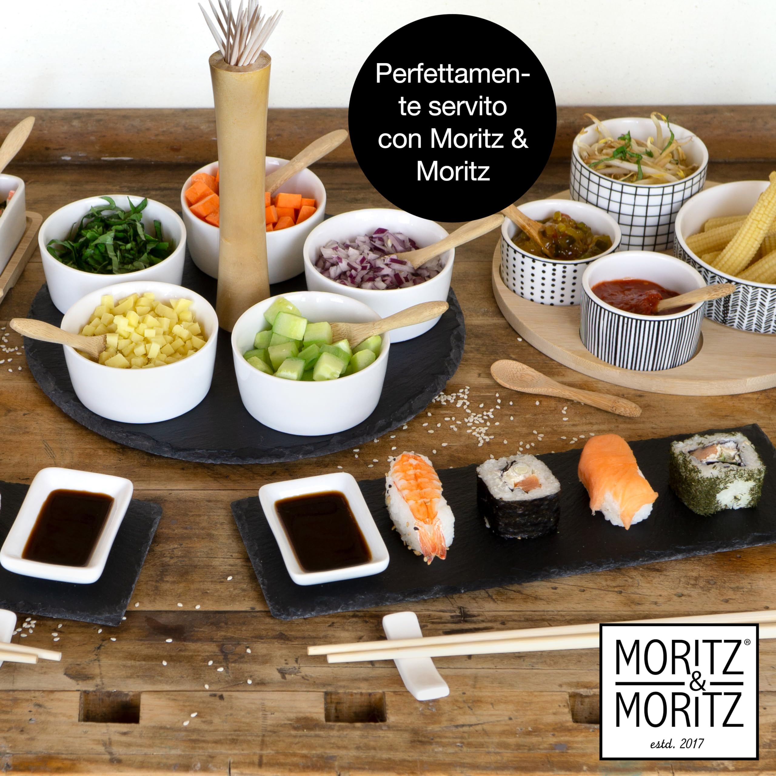 Moritz & Moritz set da 11 pz Serving Set Sesame - vassoio in ardesia con manico in legno ciotole in ceramica cucchiai di bambù - per antipasti e snack