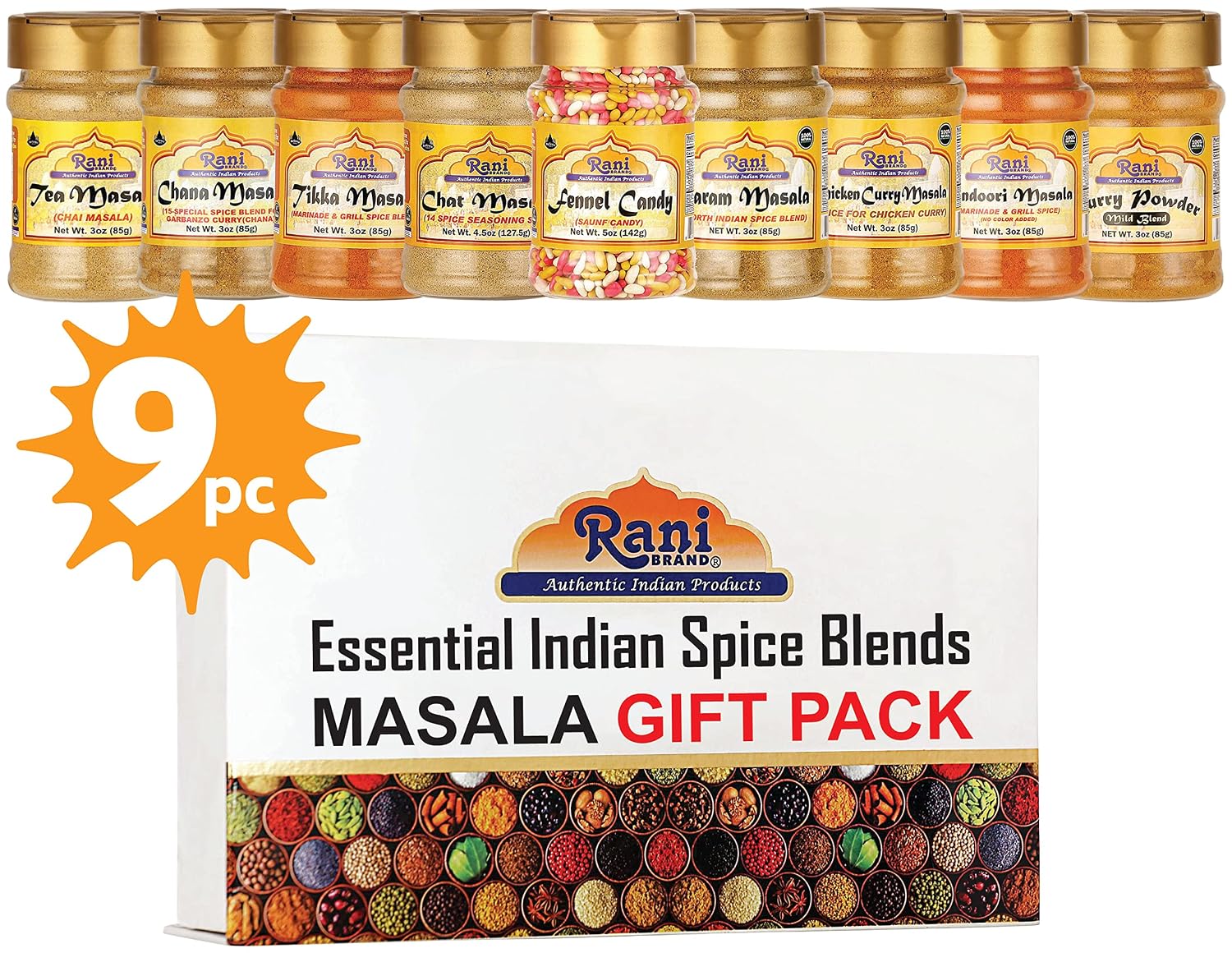 Rani Essential Indian Spice Blends (Masala) 9 Bottle Gift Box Set, Average Weight per Bottle 3oz (85g), Indian Cooking, Great Holiday Gift!