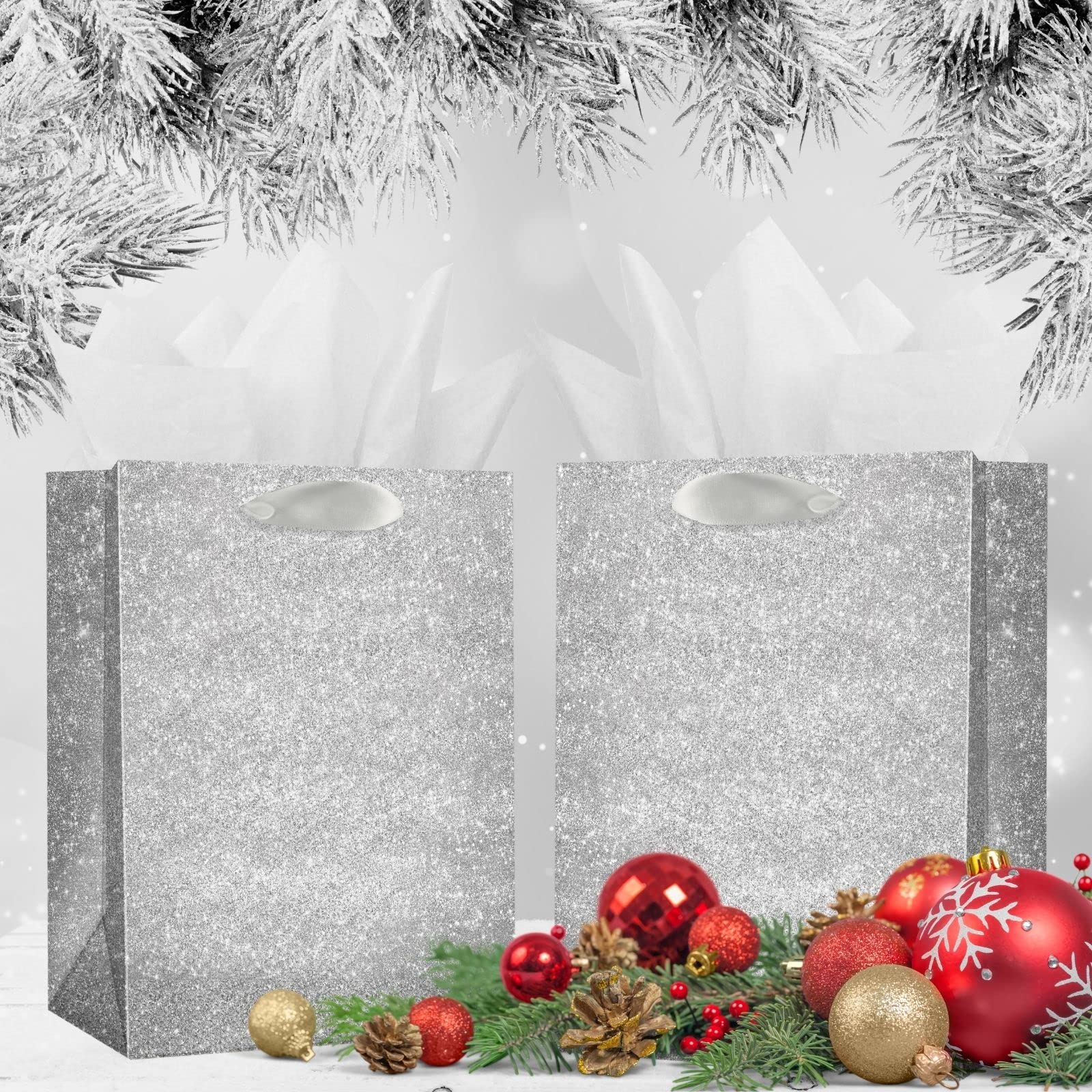 UNIQOOO 12Pcs Embossed Silver Glitter Christmas Gift Bags with 24 Tissue Paper Bulk, M 9x7 Inch, Xmas Silver Gift Wrap Bags, Wedding Bridal Baby Shower Favor Bag Gift Packaging, Birthday Holiday Party