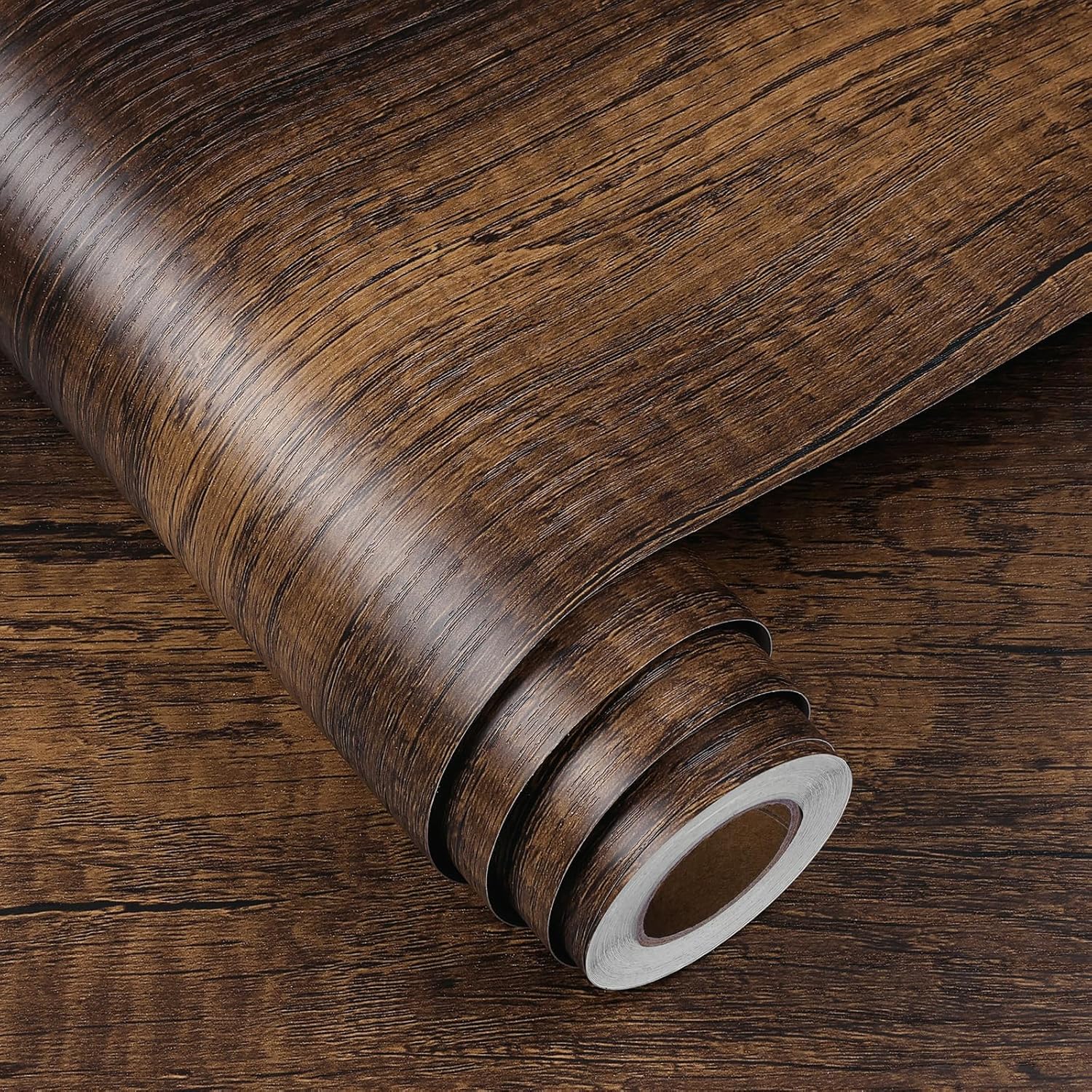FunStick Brown Walnut Wood Contact Paper for Countertops Waterproof Vintage Wood Wallpaper Peel and Stick Countertops for Kitchen Removable Wood Grain Contact Paper for Cabinets Desk Drawers 15.8"x80"