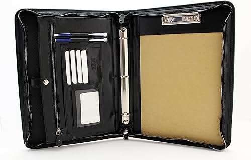 Noda Carpeta de piel ejecutiva con 3 anillas, cartera profesional de negocios con cierre de cremallera, currículum, documento, bloc de notas,