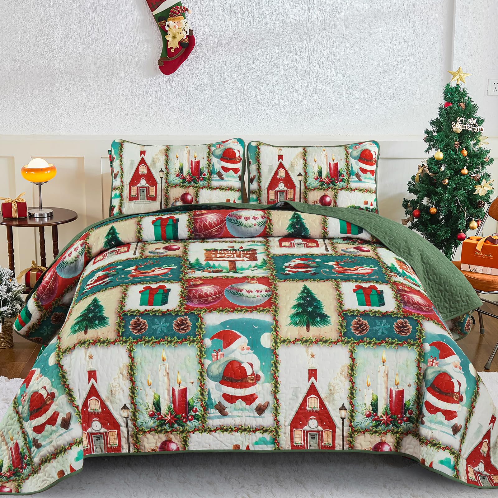 WONGS BEDDING Tagesdecke 220x240 Bettüberwurf Steppdecke Doppelbett Gesteppt Mikrofaser 3 Teilig Weihnachts Tagesdecke Bettdecke Stepp Decke mit 2 Kissenbezüge 50x75, Grüner Weihnachtsbaum Rentier Küche, Haushalt & Wohnen