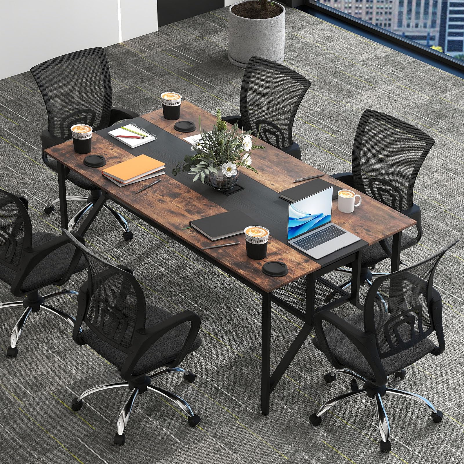 COSTWAY Table de Conférence pour 8 Personnes, Table de Réunion Rectangulaire avec Étagère de Rangement en Maille et Passe-câble, Bureau de Séminaire Industrielle avec Cadre Métallique pour Bureau