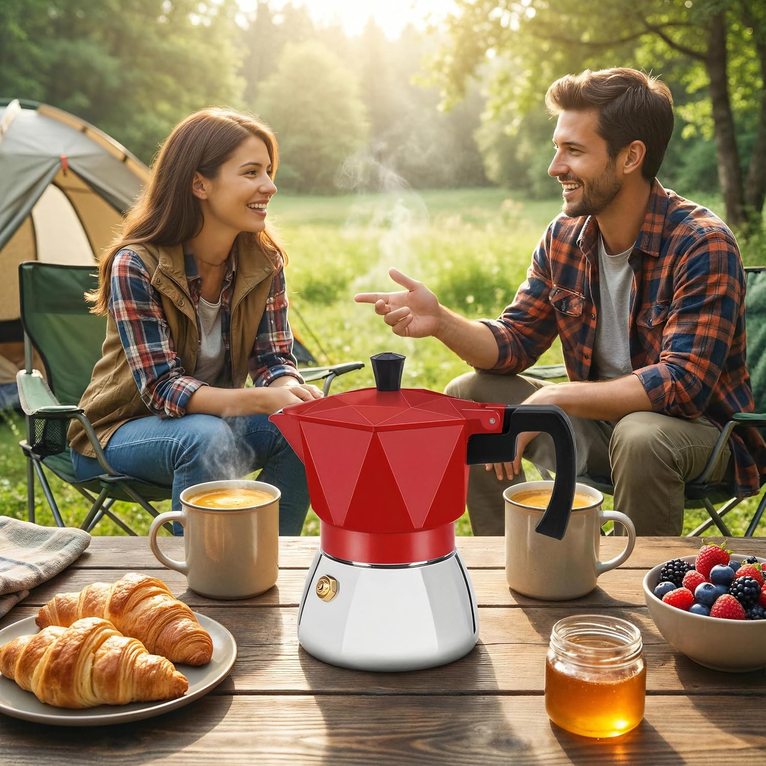 Rich Crema Moka Pot，Double Valve Induction Coffee Maker，Italian Stovetop Espresso Maker，2 Espresso Shots 100 ml，Red