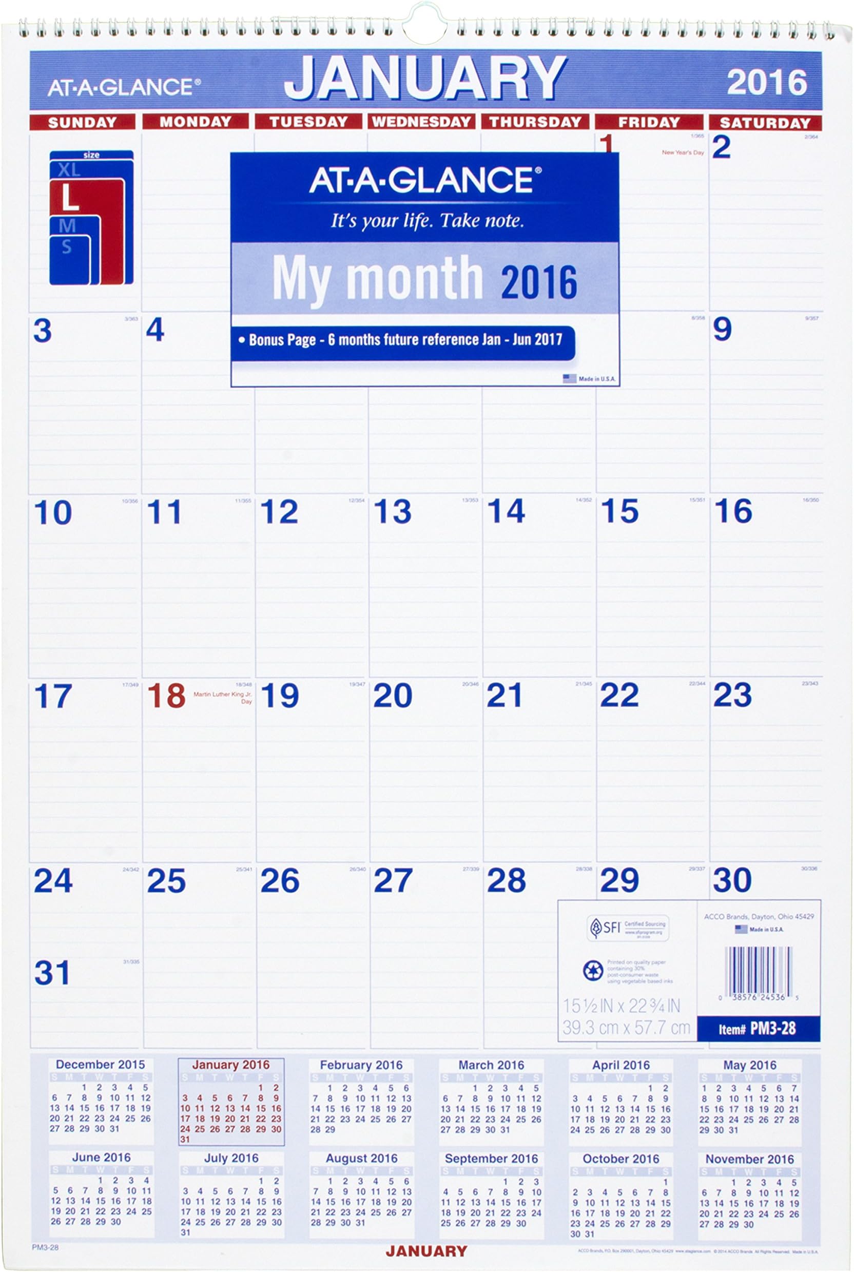 AT-A-GLANCE Monthly Wall Calendar 2017, 15.5 x 22.75 Inches (PM3-28)