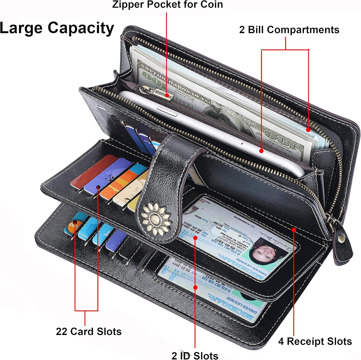 Lavemi Womens Large Capacity Genuine Leather RFID Blocking Wallets Wristlet Clutch Card Holder - Image 5