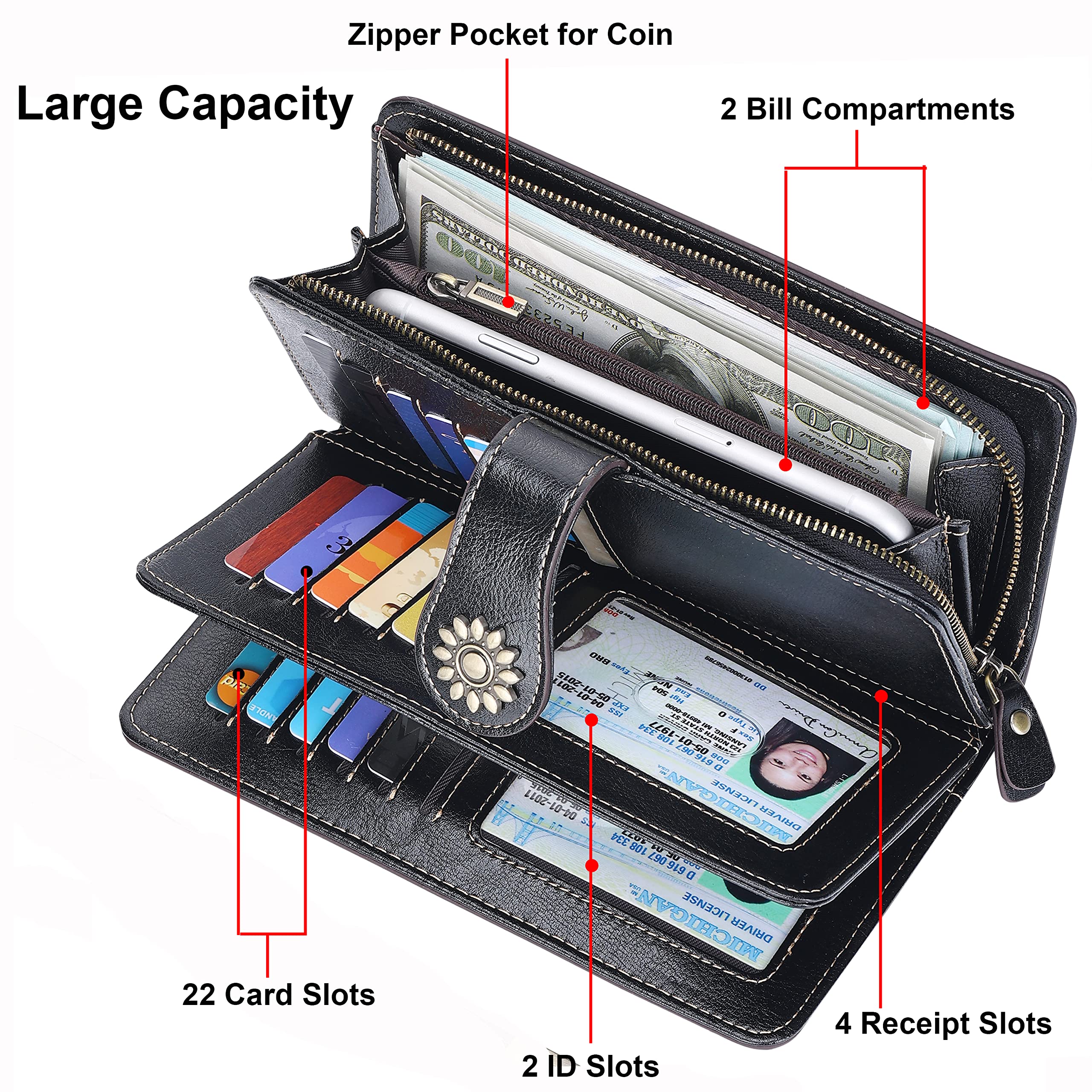 Lavemi Cartera de piel auténtica de gran capacidad para mujer, con bloqueo RFID, tarjetero