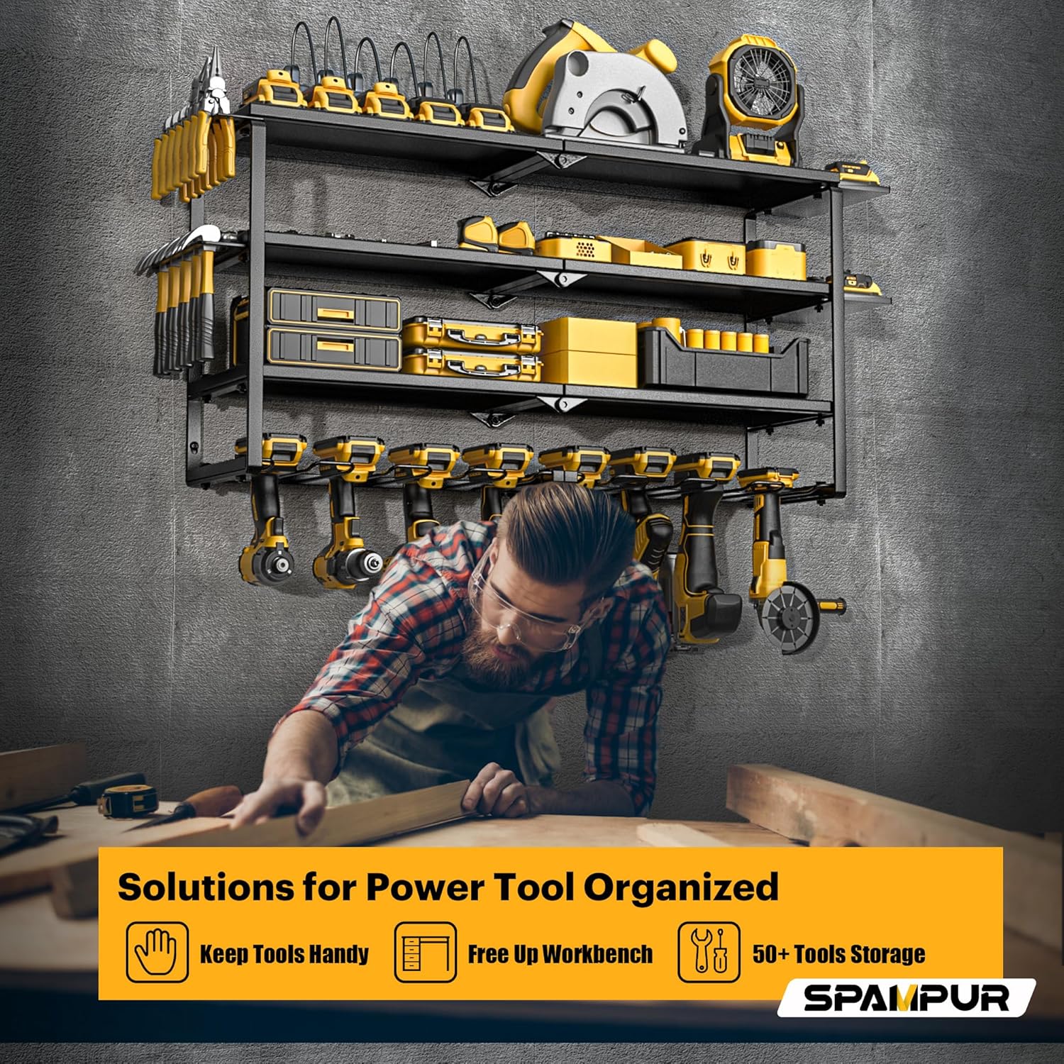 Power Tool Organizer, 15 Min Quick Assembly & Heavy Duty Metal tool chest, 4 shelves 8 Slots for Cordless Drill in Garage/Workshop/Pegboard/Shed, gifts for Man/Dad/Father's Day